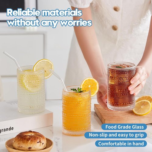 HomeVogue Vintage Hobnail Drinking Glasses Set of 12, 15oz Textured Tumblers - Embossed Clear Bar Glasses for Cocktails, Beer, Whiskey, Dishwasher-Safe Highball Cups for Kitchen, Juice & Mixed Drinks