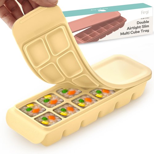 Firgi 0.7 oz/12 Sections Silicone Ice Cube Freezer Tray with Lid, 100% Food-Grade Platinum Silicone,Leak Resistance & Dishwasher Safe for Baby Food Prep,Breast Milk,Purees - Korean Made, Beige