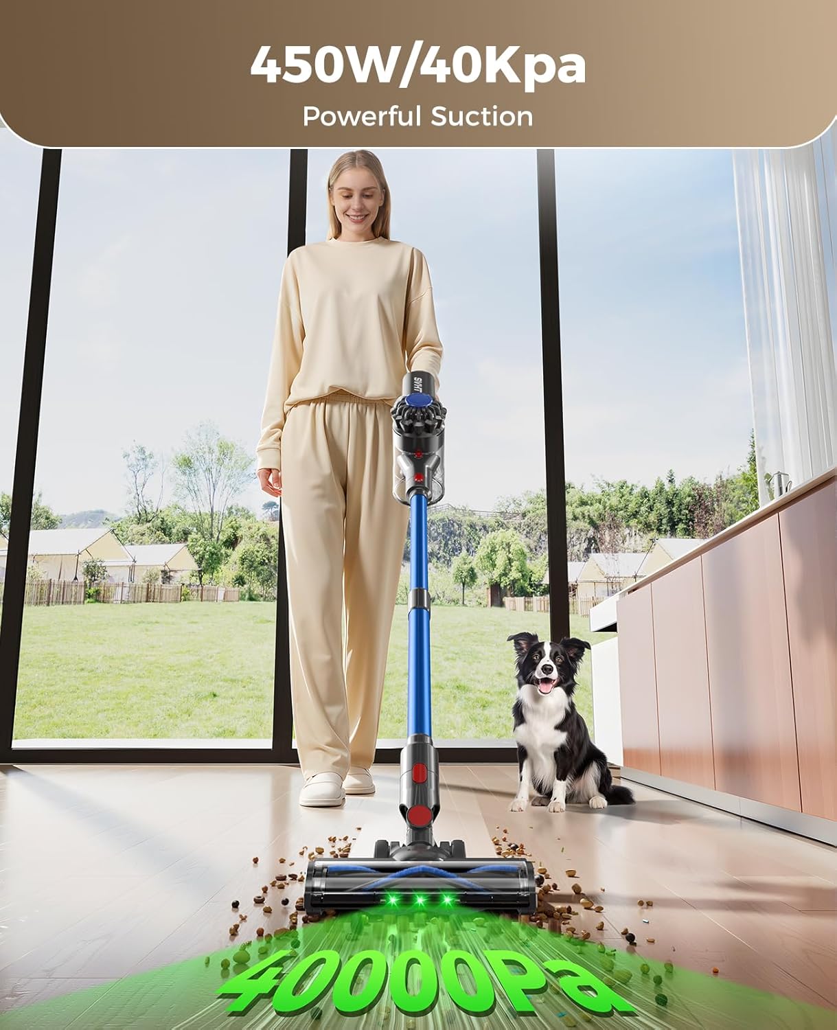 Skiennix Cordless Vacuum Cleaner - 450W 40KPA Lightweight Stick Vacuum with 45 Minutes Runtime for Carpets & Hardwood Floors