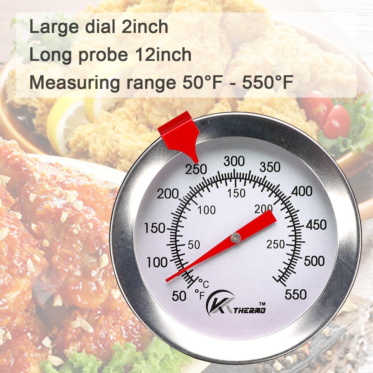 KT THERMO Candy & Deep Fry Thermometer - Instant Read Dial with 12" Stainless Steel Stem | Ideal for Turkey & BBQ Cooking