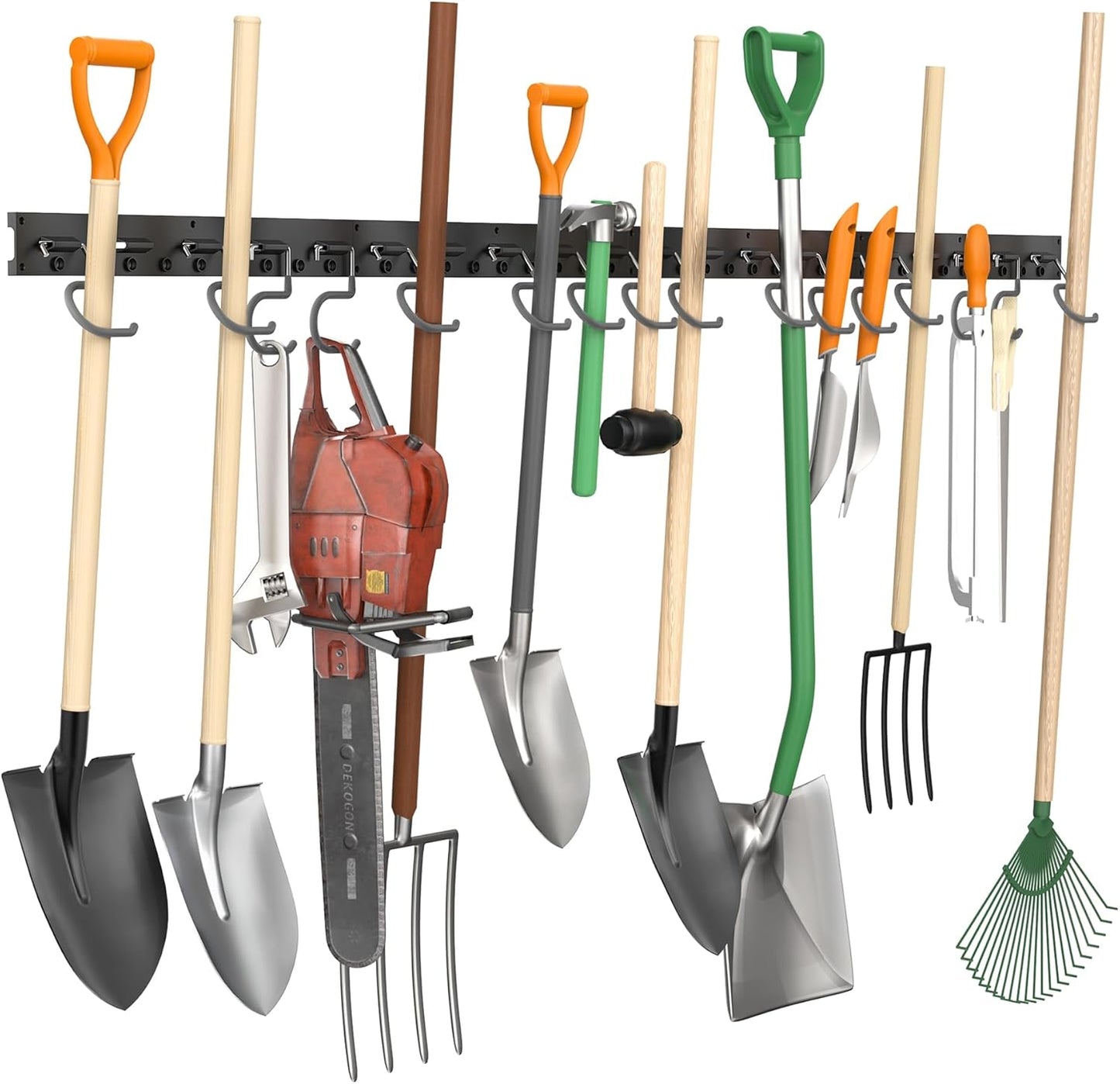 TORACK Wall-Mounted Mop and Broom Holder - Garden Tool Organizer with 4 Tracks & 16 Hooks