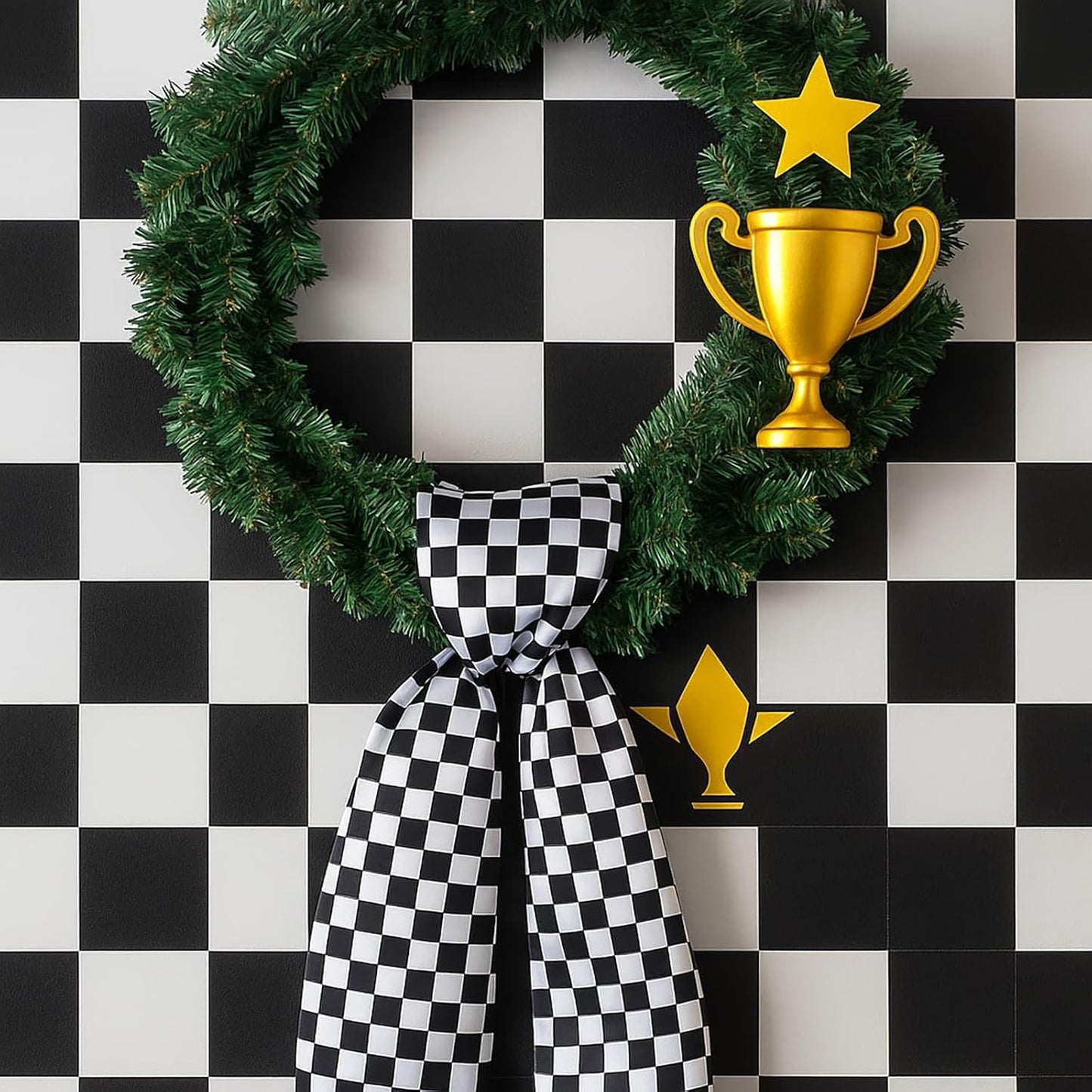 Skiennix Checkered Racing Wreath Sash - Black & White Tie Bow for Front Door Decor | Holiday & Birthday Accessory