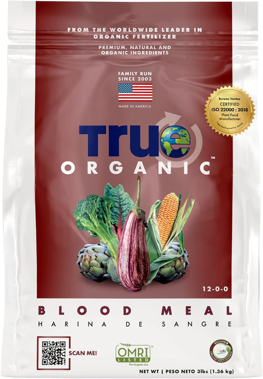 True Organic Blood Meal - High-Nitrogen Fertilizer for Rapid Growth - 3lb Bag Covers 104 Sq. Ft.