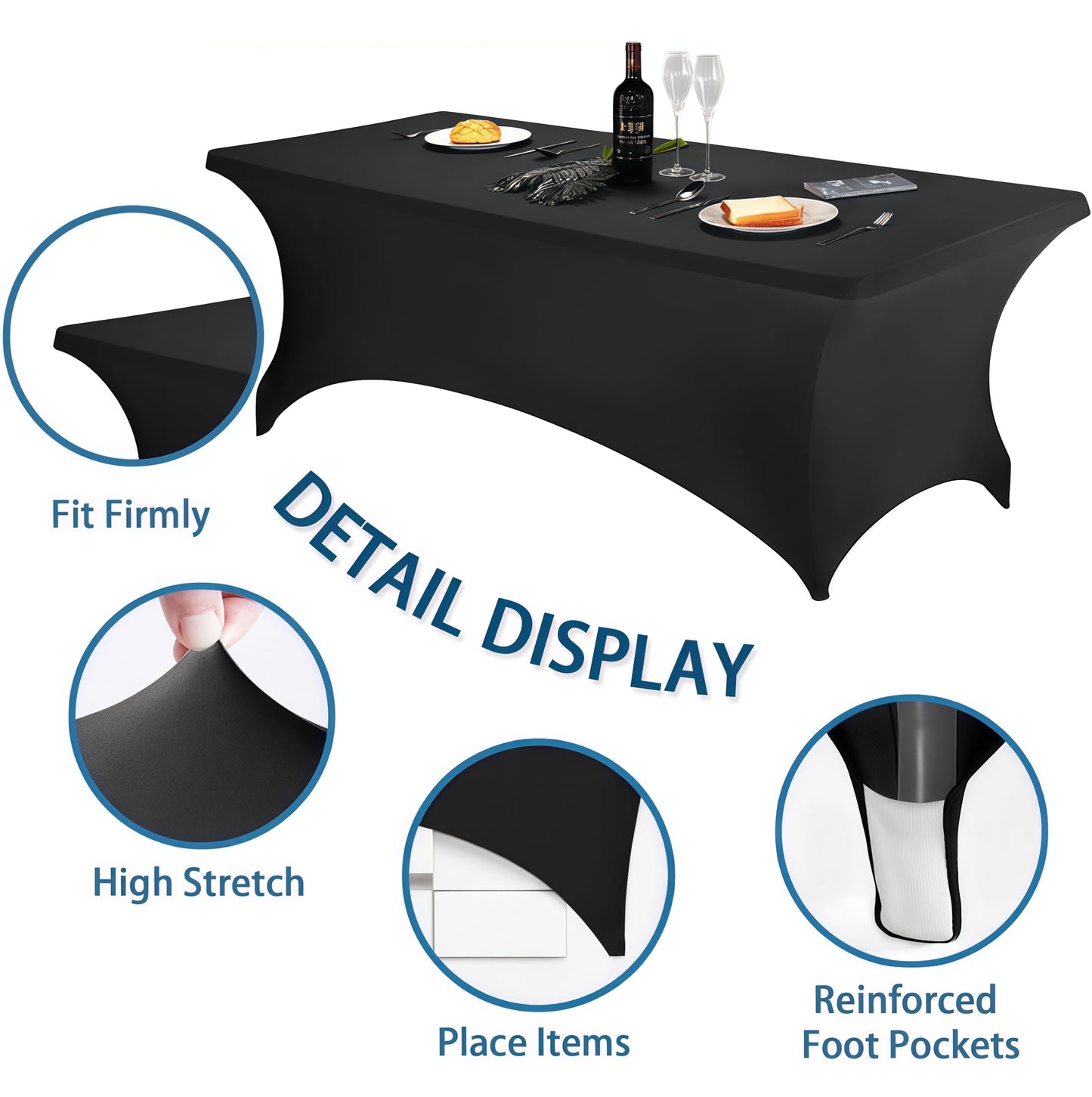 Lemict 6FT Black Table Cloth - 6 Pack Fitted Stretch Rectangle Spandex Tablecloth, Washable Table Cover for Party, Picnic, Wedding, Banquet, Birthday and Festival(30" x 72")