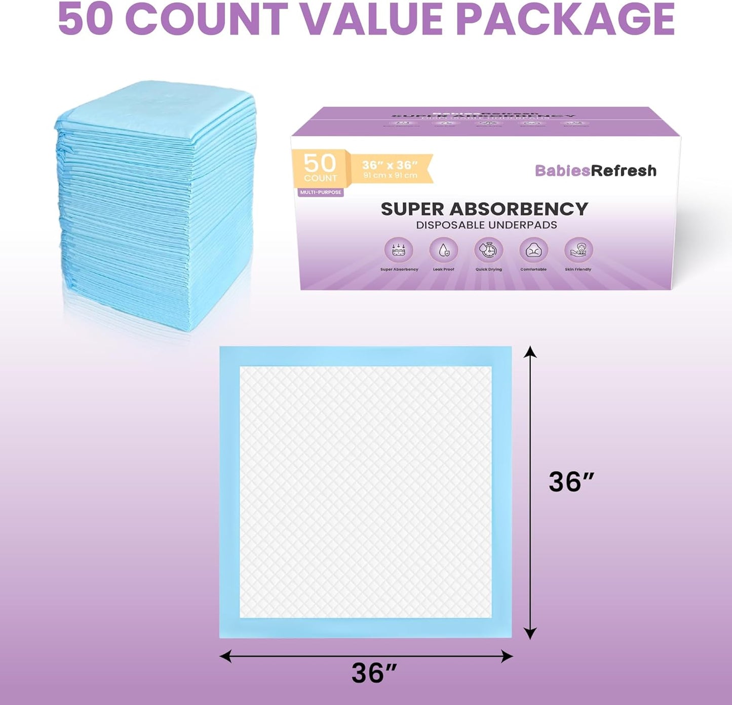 Skiennix Disposable Underpads - 50 Count Super Absorbency | Leakproof & Quick Drying, 36” x 36”, Blue XXL