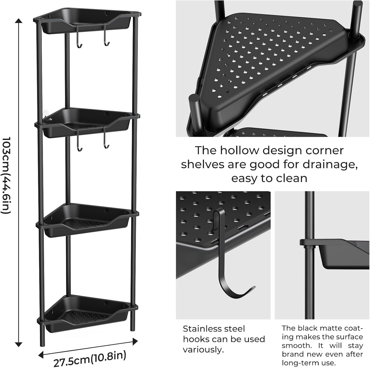 ODesign 4-Tier Corner Shower Caddy - Rustproof Organizer for Bathroom & Living Room | Black Metal & Plastic