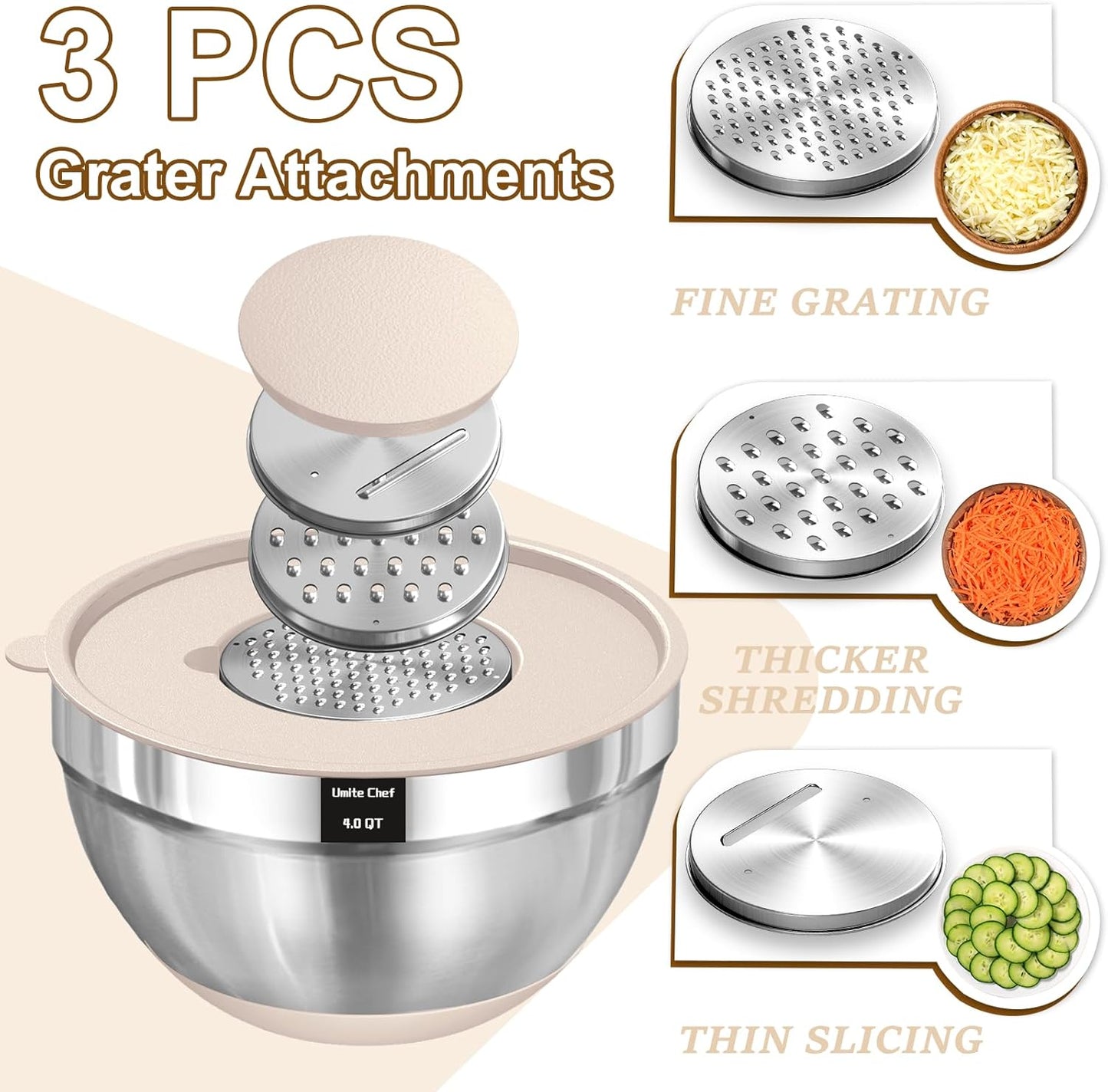 Umite Chef Mixing Bowls Set - 8PCS Stainless Steel Nesting Bowls with Airtight Lids & Grater | Non-Slip Bottoms, Khaki, 1.5QT to 5QT