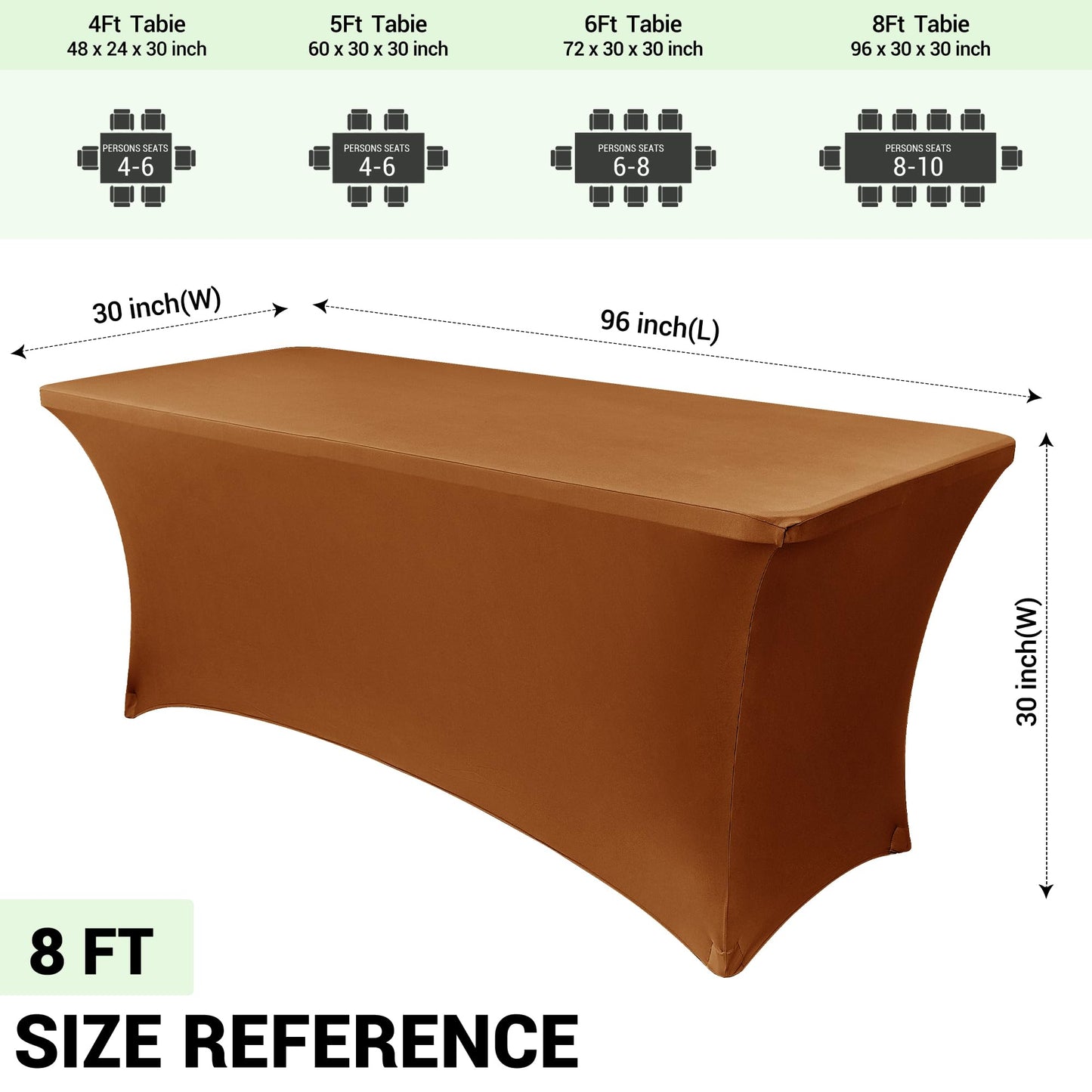 Obstal 8Ft Stretch Spandex Table Cover for Standard Folding Tables - 2 Pack Universal Rectangular Fitted Tablecloth for Party, Banquet, Events, Trade Show (Light Coffee, 96L x 30W x 30H Inches)