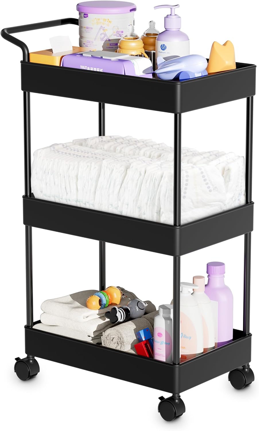 Volnamal Diaper Caddy - Movable Plastic Organizer for Nursery Essentials | Black Baby Storage Cart