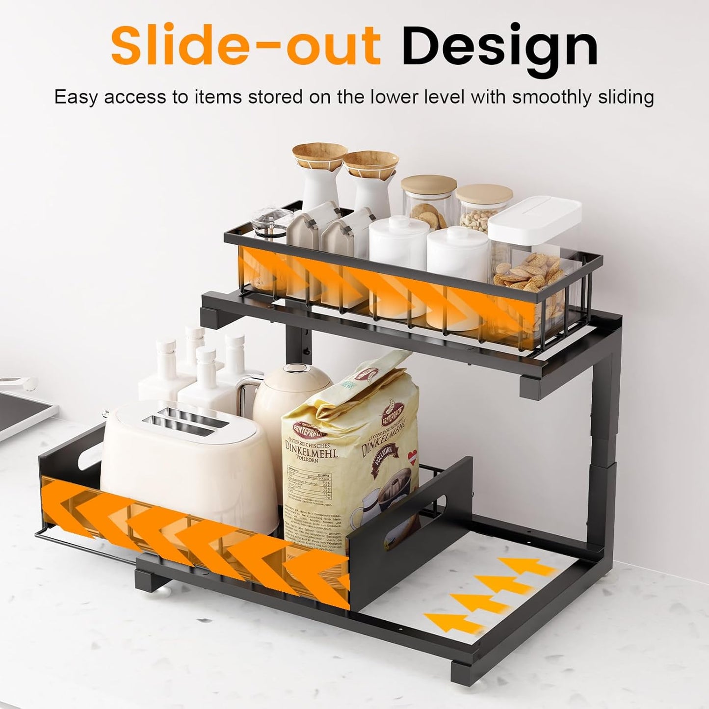 Under Sink Organizer - Skiennix Heavy Duty Metal Pull-Out Cabinet Shelf | Adjustable Multi-Purpose Storage (Black, 1 Pack)