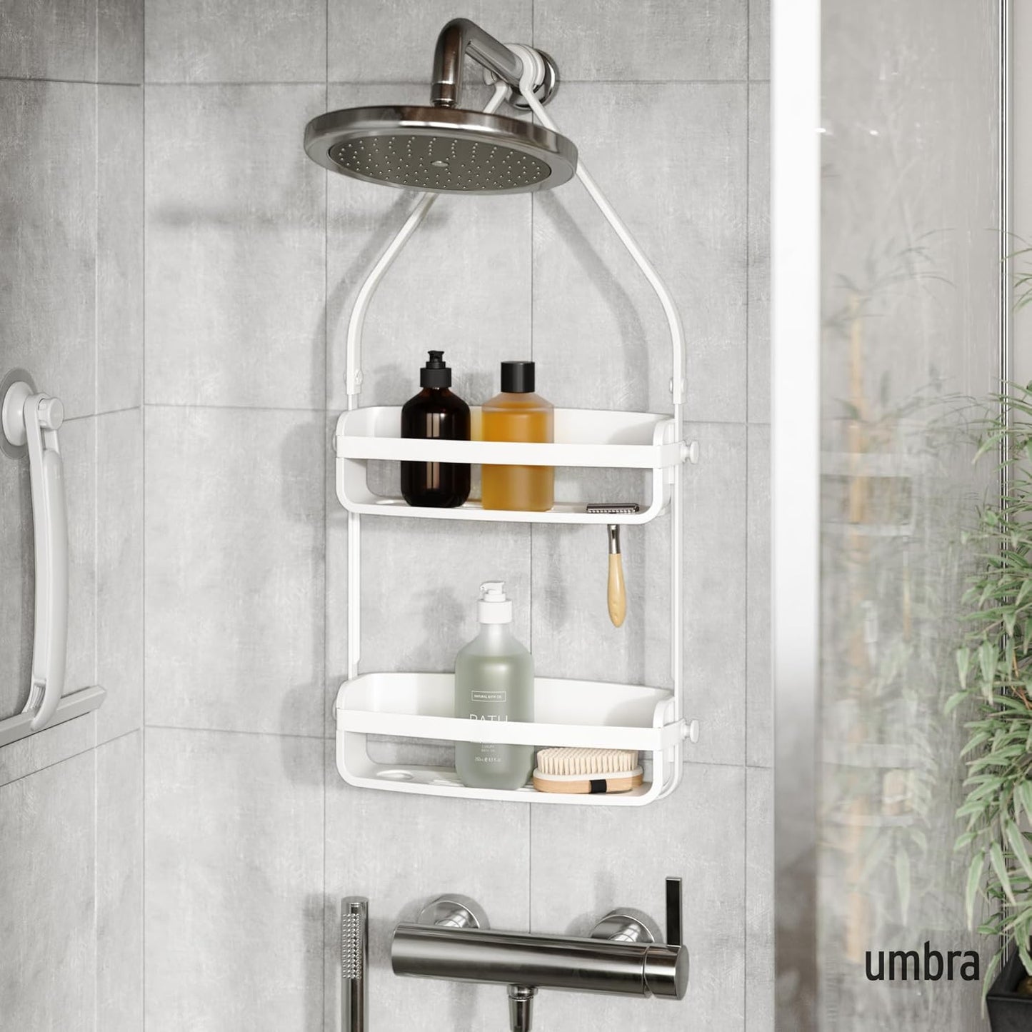 Umbra Flex Hanging Shower Caddy - 2-Tier Bathroom Organizer with Bathtub Shelf | White