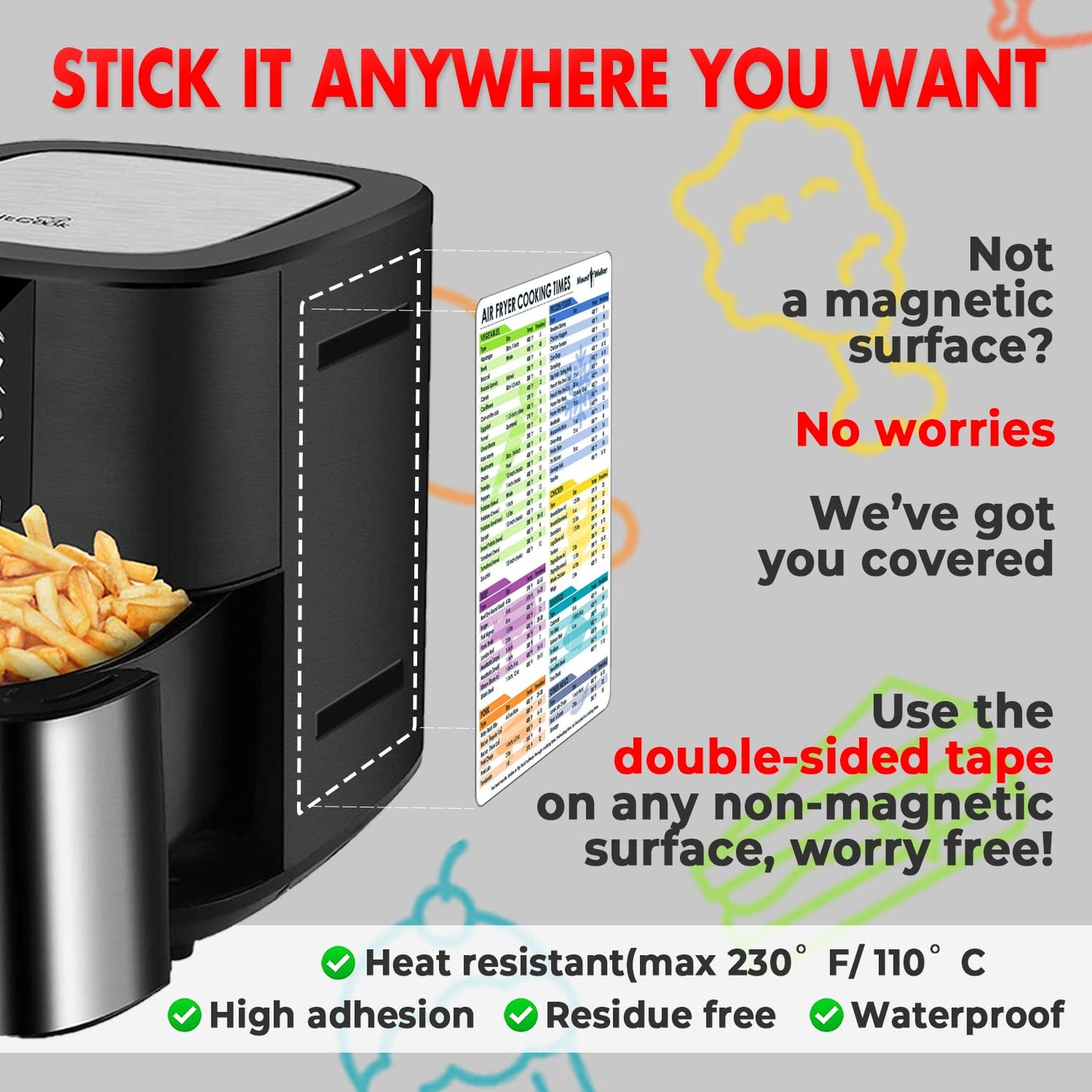 Air Fryer Magnetic Cheat Sheet Set - 100+ Food Cooking Times Chart with Large Clear Font - Air Fryer Accessories Magnetic Sheet for Ninja, Cosori, Instant Vortex - Waterproof & Durable (3-Piece)