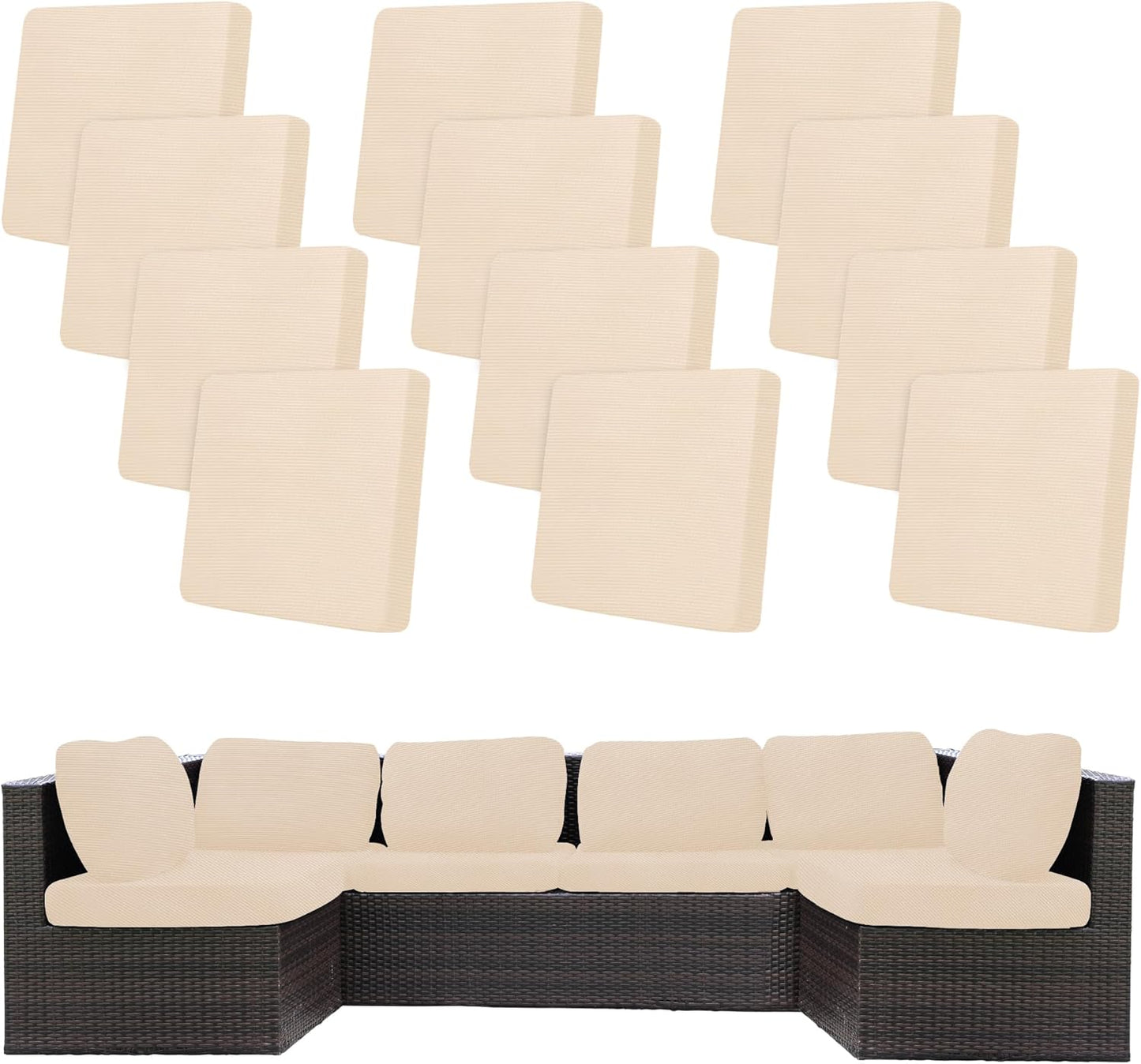 Skiennix 12-Piece Stretch Patio Cushion Covers - Washable & Reusable Outdoor Furniture Protectors | Beige