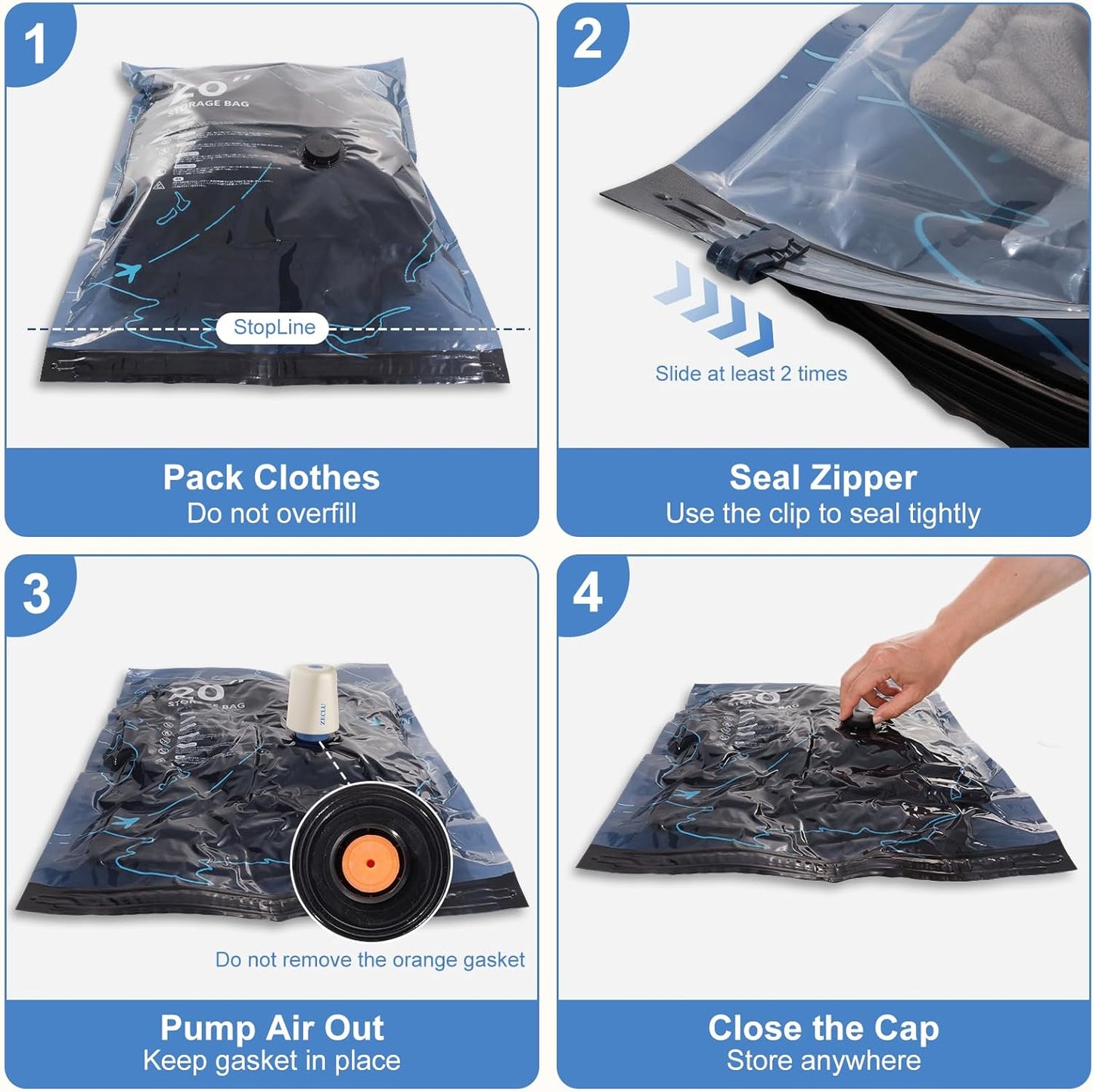 Skiennix Travel Vacuum Bags - 12 Pack Space Saver Vacuum Seal Bags with Rechargeable Pump