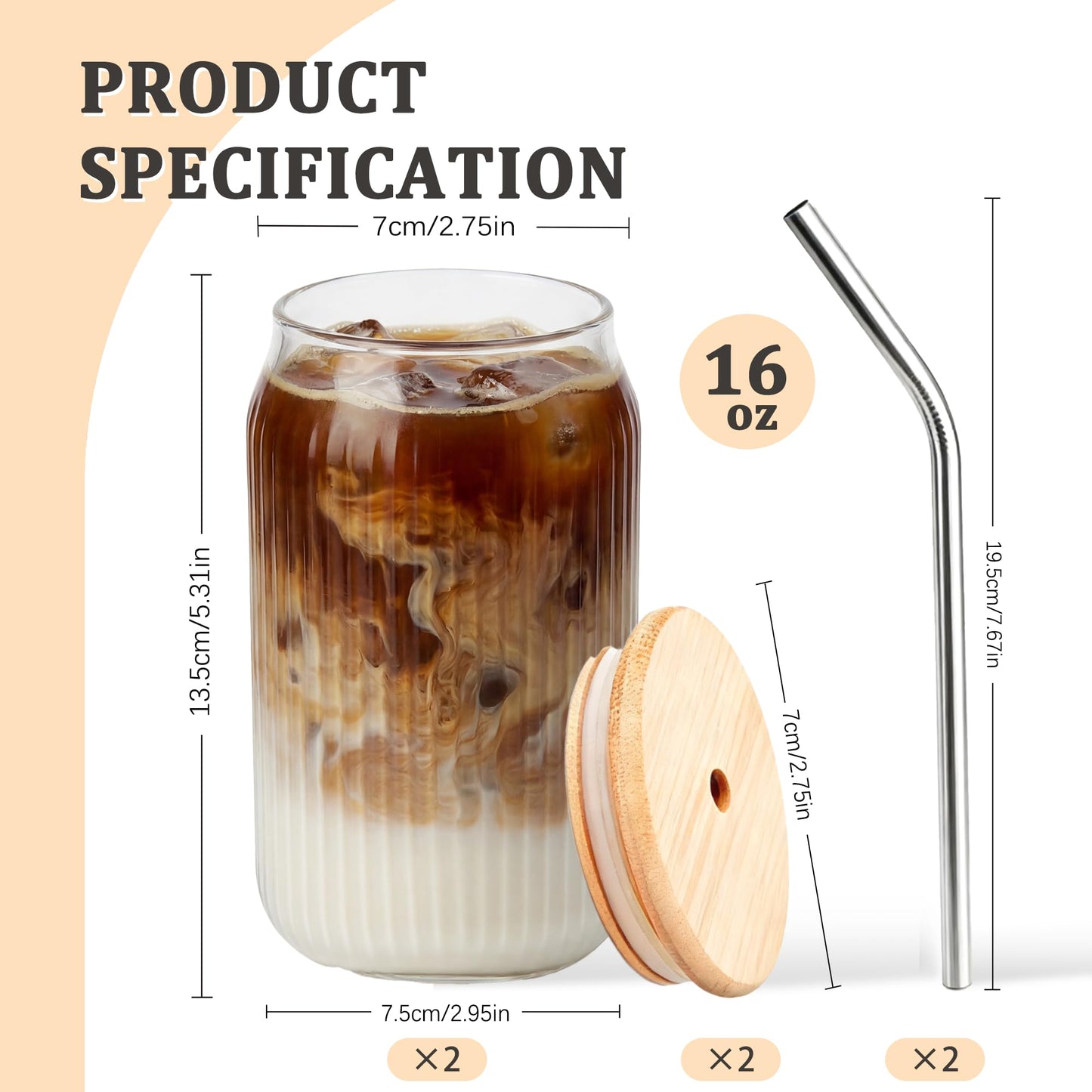 Lyghei 2 Packs Ribbed Glass Tumbler with Lid and Straw 16 oz Vintage Ice Coffee Cup Set Bulk Simple Smoothie Juice Matcha Tea Water Slushie Clear Hot Drink Glasses Travel Mug Modern Kitchen Glassware