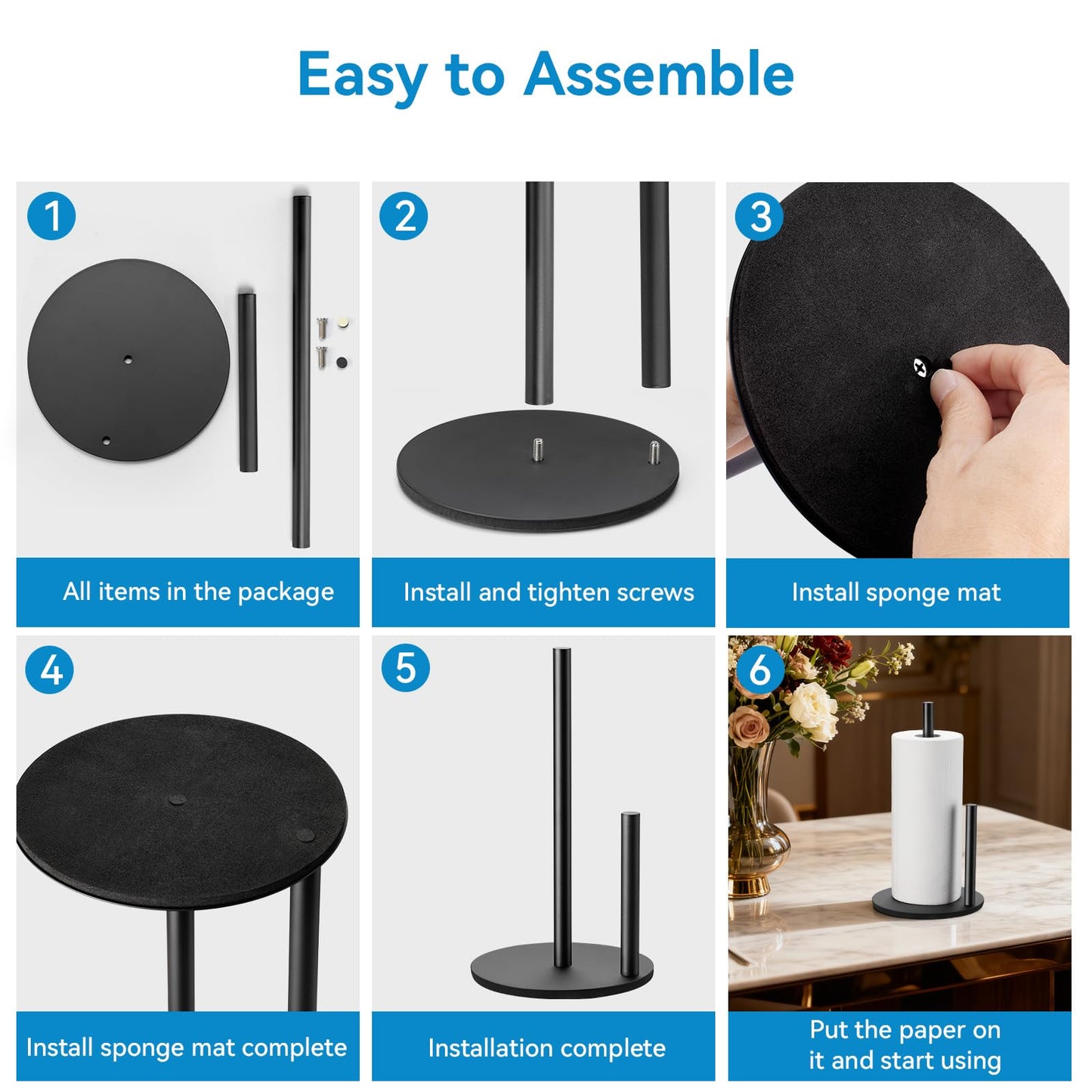 Paper Towel Holder Kitchen,Premium Stainless Steel Roll Dispenser,Countertop Paper Holder with Weighted Base, Black