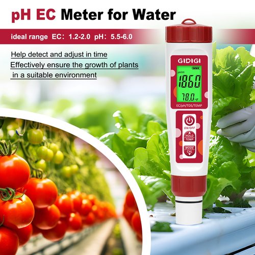 GIDIGI pH Meter for Water, 4 in 1 EC PPM Temp pH Tester for Hydroponic, TDS Water Tester for Drinking Water, Digital pH Meter with Backlit & ATC for Hydroponic Nutrient, Pool, Aquarium, Home Use