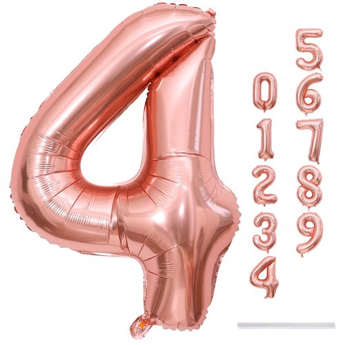 40 Inch Rose Gold Number 4 Balloon for Girls, Large Self Inflating Foil Number Balloons 0-9, Digit 4 Helium Balloons for Women 40th Anniversary 4th Birthday Engagement Party Decoration Supplies