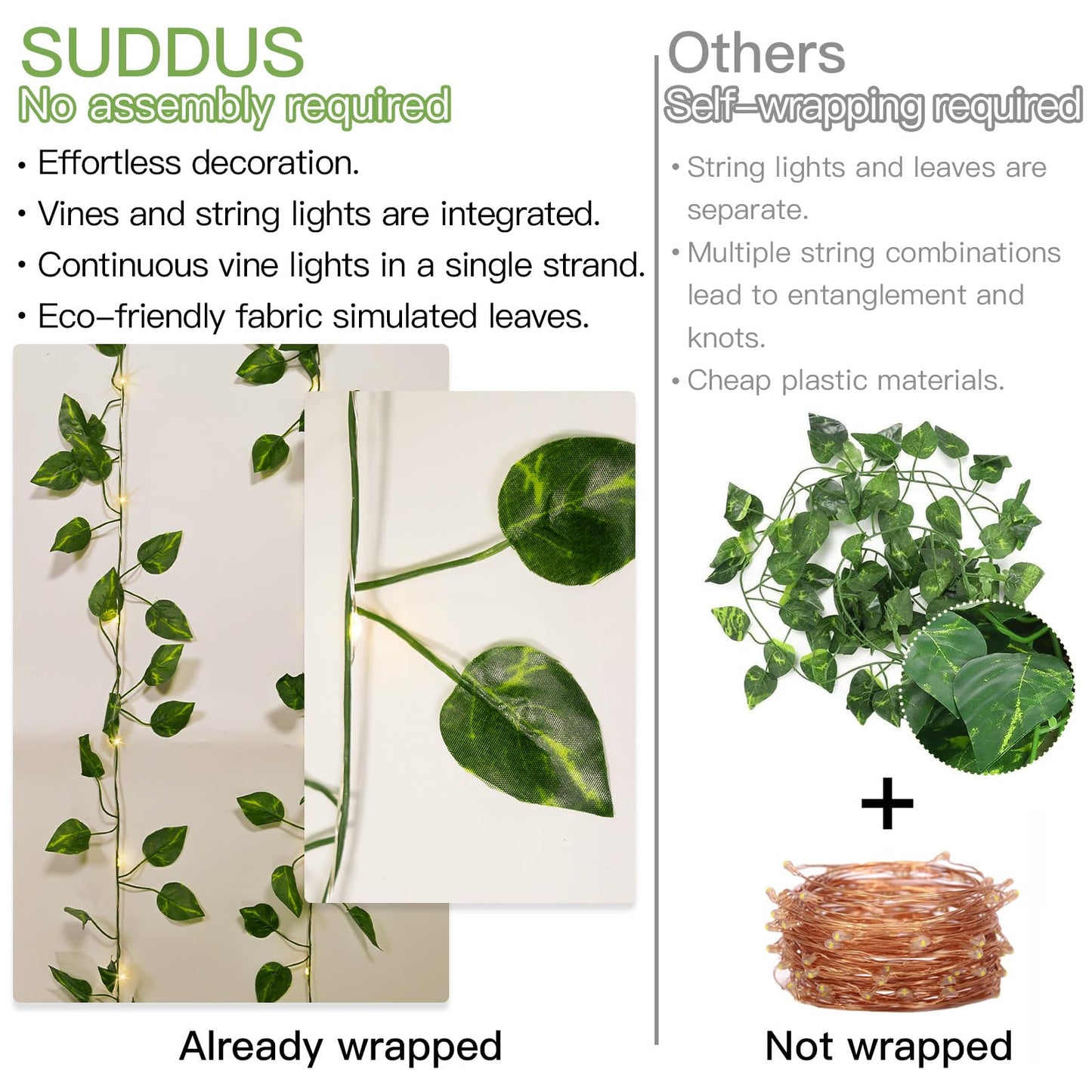 suddus Vine with Fairy Lights Battery Operated, 13.1ft 40 LED Pothos String Lights with Remote, Leaf Lights for Bedroom, Room, Wall, Garden, Party, Wedding Dorm Decor(Warm White)