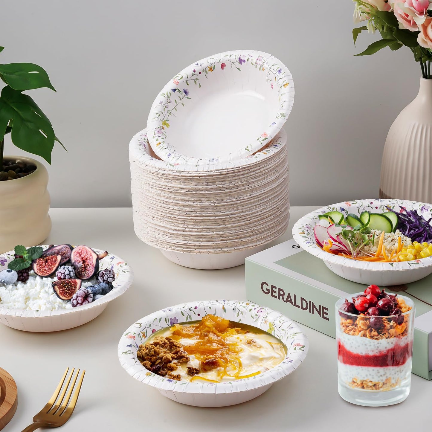 HOMIX Paper Bowls, 12 oz, 125 Count, Floral Printed Soak Proof Disposable Small Bowls Great for Breakfast, Lunch, and Dinner Meals