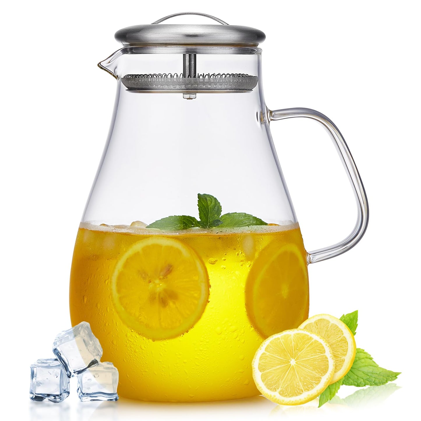 68OZ Glass Pitcher with Lid and Spout, Water Jug, 2000ML Carafe for Hot/Cold Water, Large Iced Tea Pitcher for Coffee, Juice and Homemade Beverage