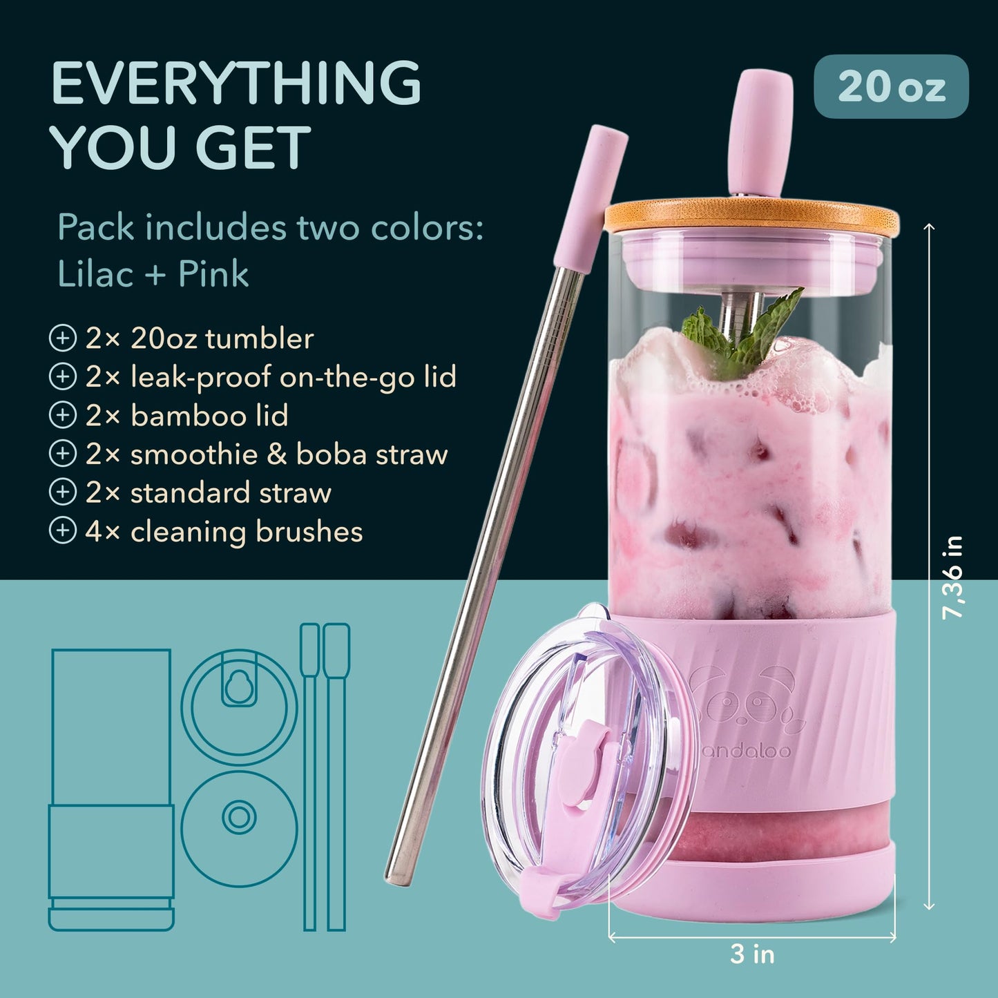Pandaloo® Glass Cups With Lids and Straws -20 Fl Oz- Perfect Size Iced Coffee Cup - Smoothie Cup With Bamboo Lid and On the go Lid - Glass Tumbler (2 Count (Pack of 1), Lilac-Pink)