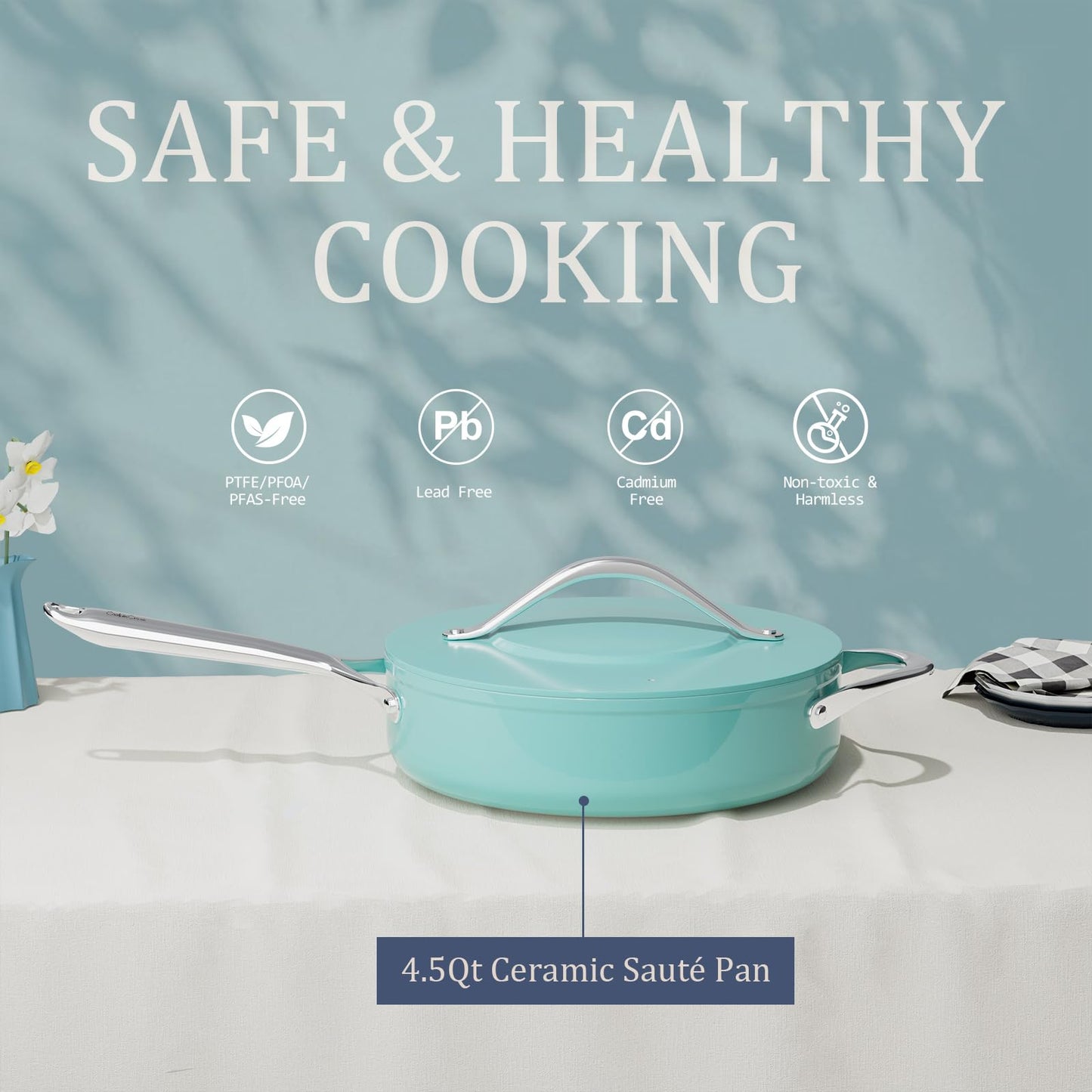 CookinCraze Nonstick Frying Pan with Lid, 11 inch Ceramic Deep Frying Pan for All Cooktops, 4.5qt Non Toxic Sauté Pan Induction w/Stay-Cool Handle, PFAS Free, Dishwasher & Oven Safe, Caribbean Blue