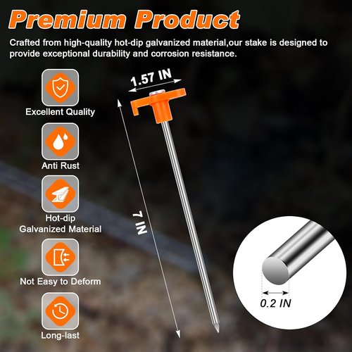 FEED GARDEN Heavy Duty Tent Stakes - 7 Inch Galvanized Steel Ground Anchors | Rust Resistant & High Visibility Orange Head - 10 Pack