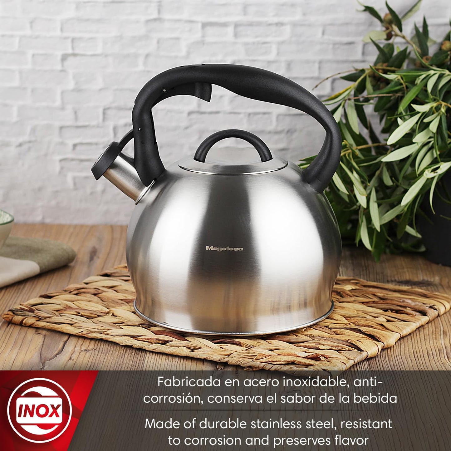 Magefesa Silver 3.1-Quart Stainless Steel Whistling Tea Kettle, Satin-Polished Exterior, Drip-Free Pouring System, Suitable for All Stovetops Including Induction, Removable Lid, Teapot