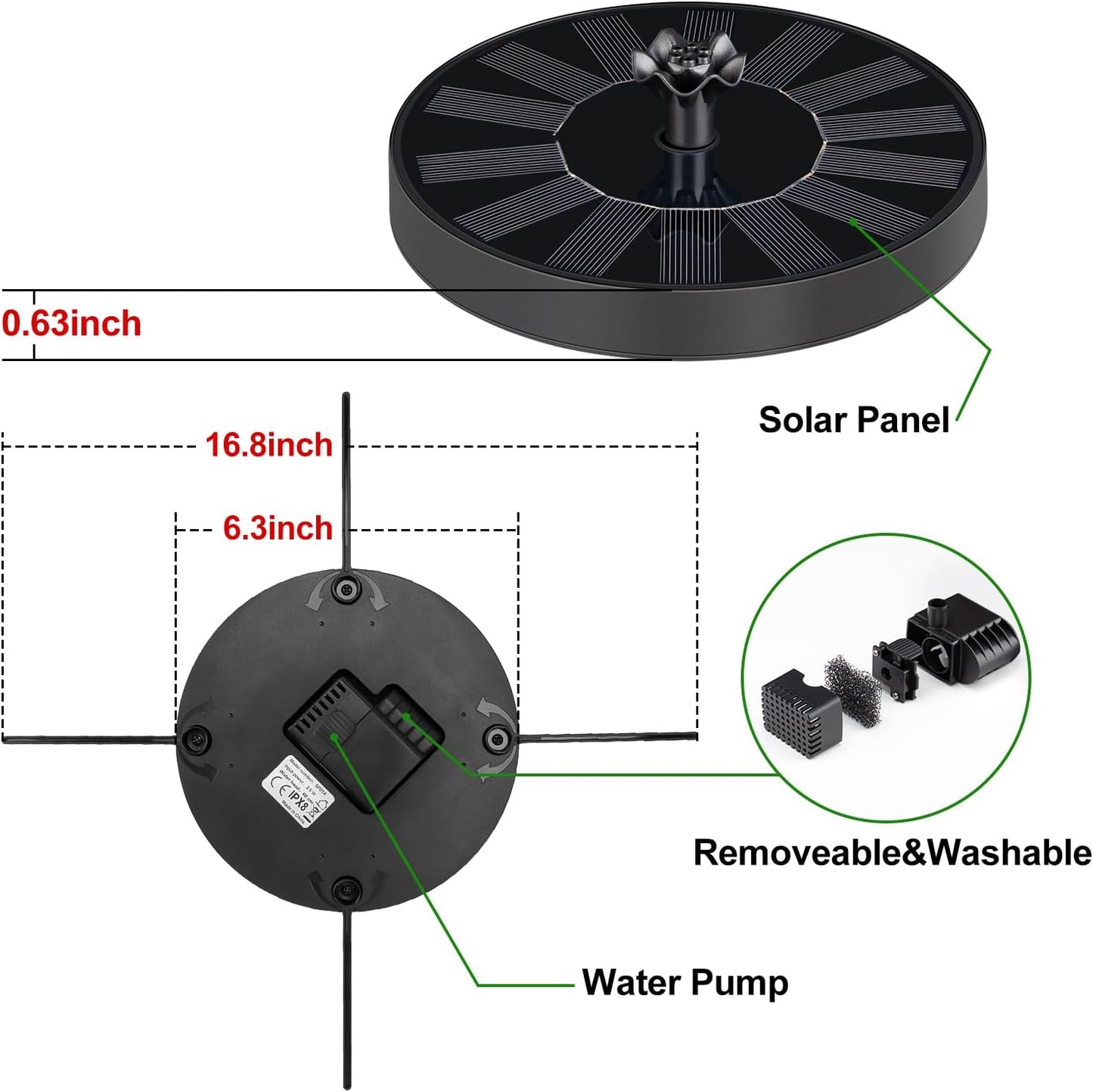 SEIRMEP Solar Fountain Pump - Adjustable Spray Height & 6 Nozzles | Ideal for Bird Baths, Gardens, Pools, Ponds
