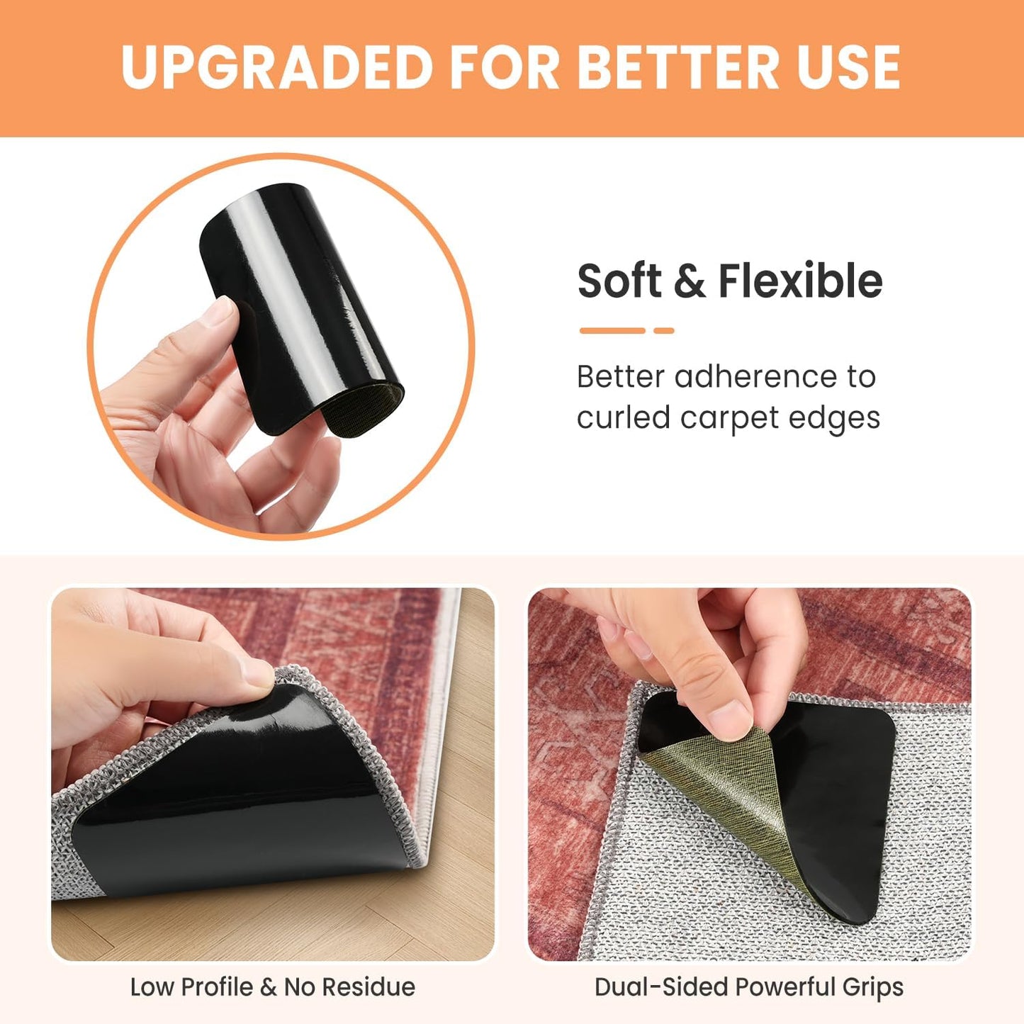 BAGAIL Non-Slip Rug Grippers - 4 Reusable Double-Sided Adhesive Corner Pads for Hardwood & Tile Floors | 4x4in