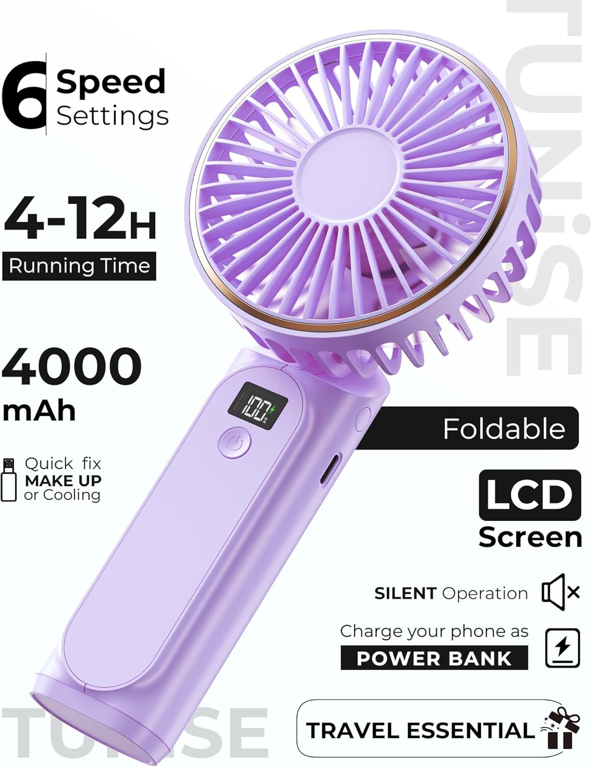 TUNISE Portable Handheld Fan - 4000mAh Battery, 6 Speed Settings, USB Rechargeable & Adjustable