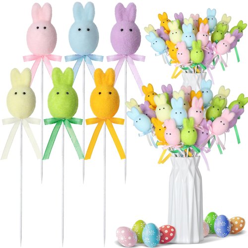 FineCheer 24 Pcs Easter Bunny Picks Faux Foam Easter Egg Picks Decorative Mini Pastel Egg Stems 7" Tall for Spring Basket Bouquets Floral Arrangement Centerpiece Wreath Party Decorations