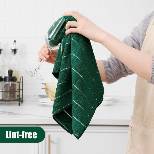 Homaxy Microfiber Kitchen Towels and Dishcloths Set, 12 Pack Soft and Absorbent Dish Hand Towels Bulk, 28 x 16 Inch & 12 x 12 Inch Quick Drying Rags for Washing Dishes, Dark Green
