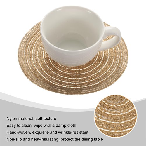 HARFINGTON 6pcs Round Braided Placemats 7" Non-Slip Round Table Mats for Dining Tables Washable Heat Insulation Woven Placemats Indoor Outdoor for Family Holiday Dinner, Tawny
