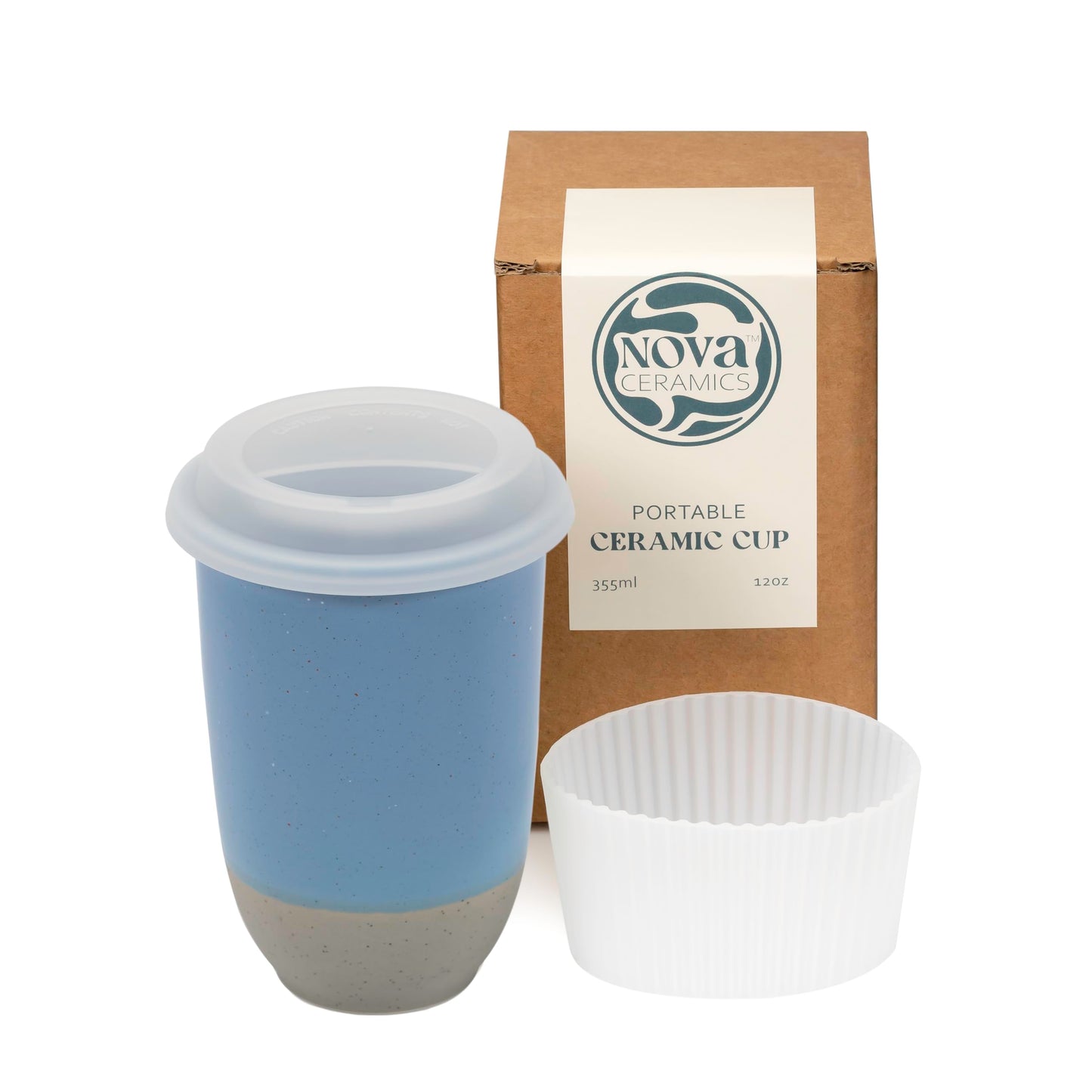 NOVA CERAMICS Travel Mug - Ceramic Coffee Mug With Lid – Microwave & Dishwasher Safe Coffee White & Grey Tumbler - Fits In Cup Holder – 12oz – Coastal Drift