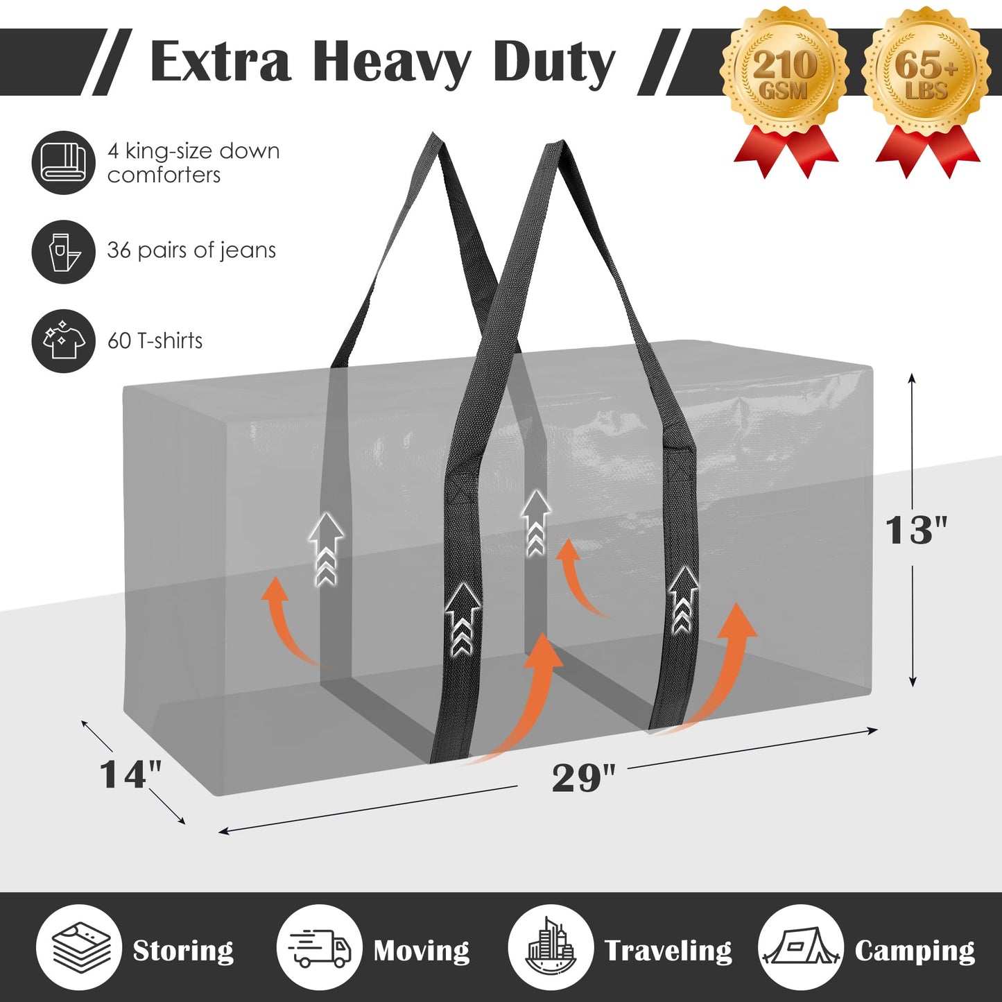 RMOHRO 12 Pack Moving Bags with Full-Open Side Zipper, Extra Large 93L Heavy Duty Waterproof Foldable Storage Totes for College Dorm, Moving & Home Organization Black