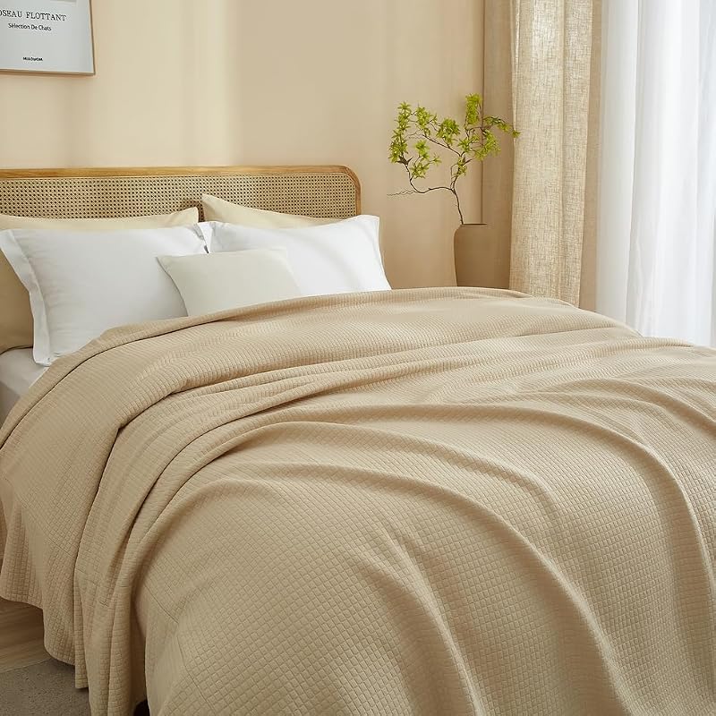 AMWAN Cozy Khaki Queen Blanket 90x90 in Cotton Blend Jersey Knit Quilted Grid