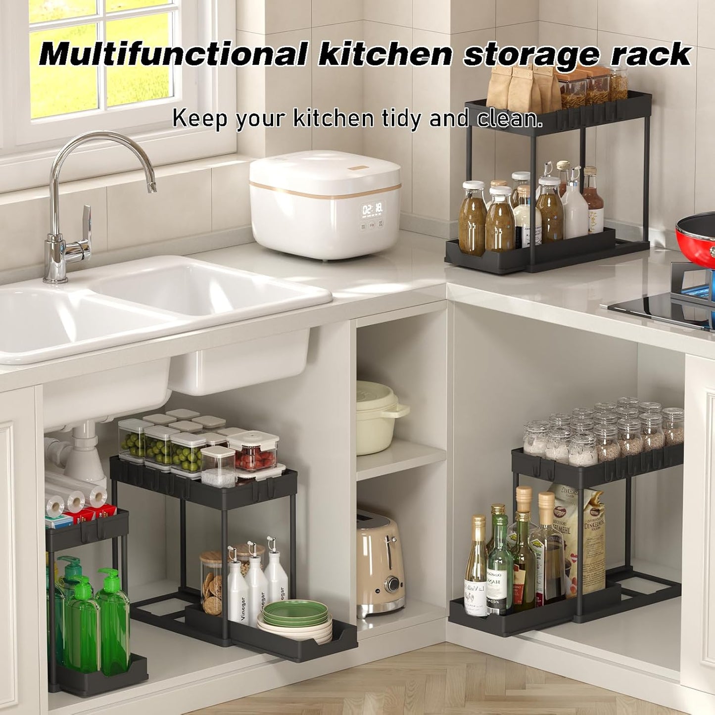 Under Sink Organizer - 2 Pack Bathroom Storage with Pull-Out Sliding Drawers | 12.8 Inch, Black