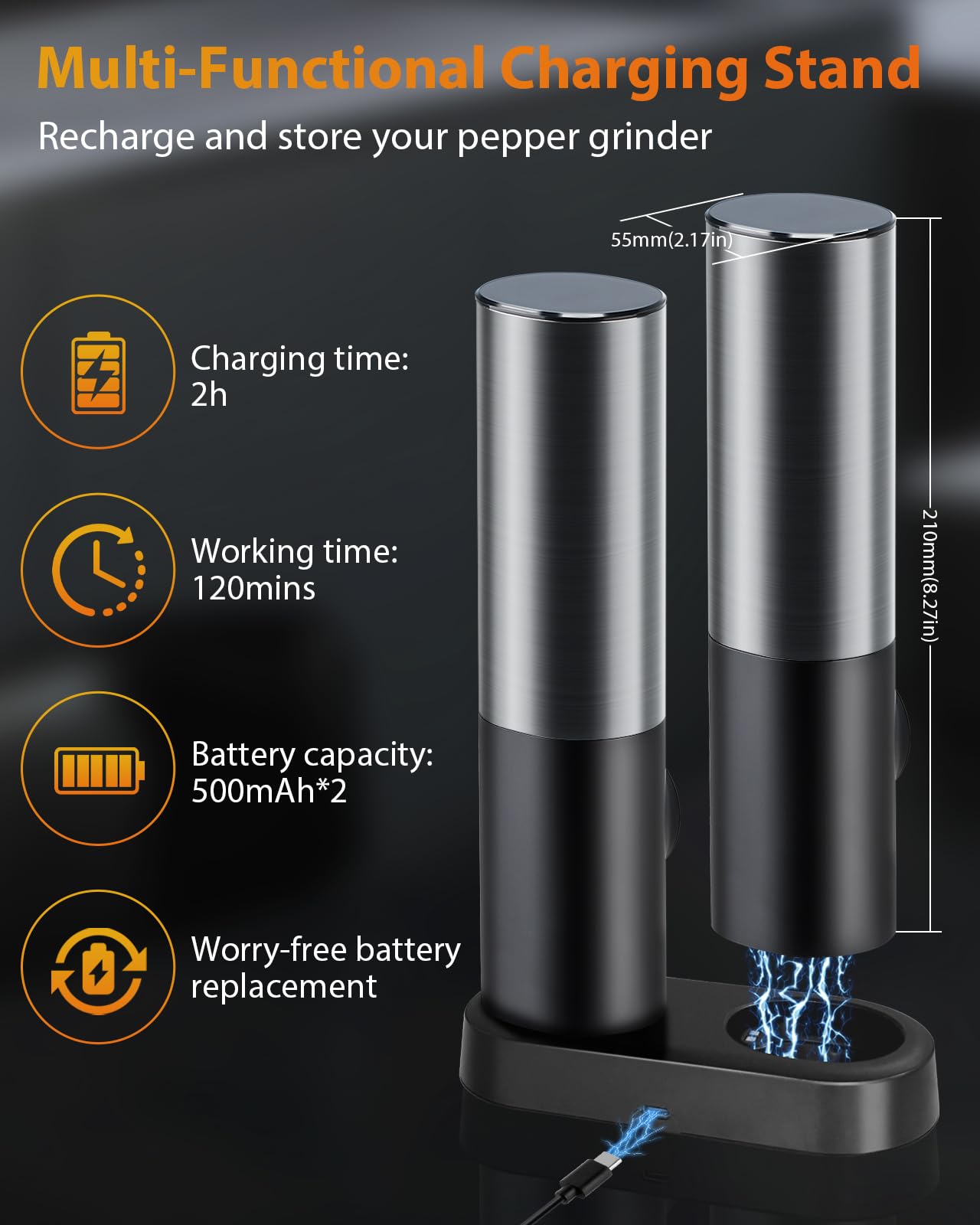 Electric Salt and Pepper Grinder Set, USB Rechargeable Stand, Automatic Salt Pepper Shakers Refillable, Spice Mill for Kitchen, One Hand Operation, Adjustable Coarseness, LED Light