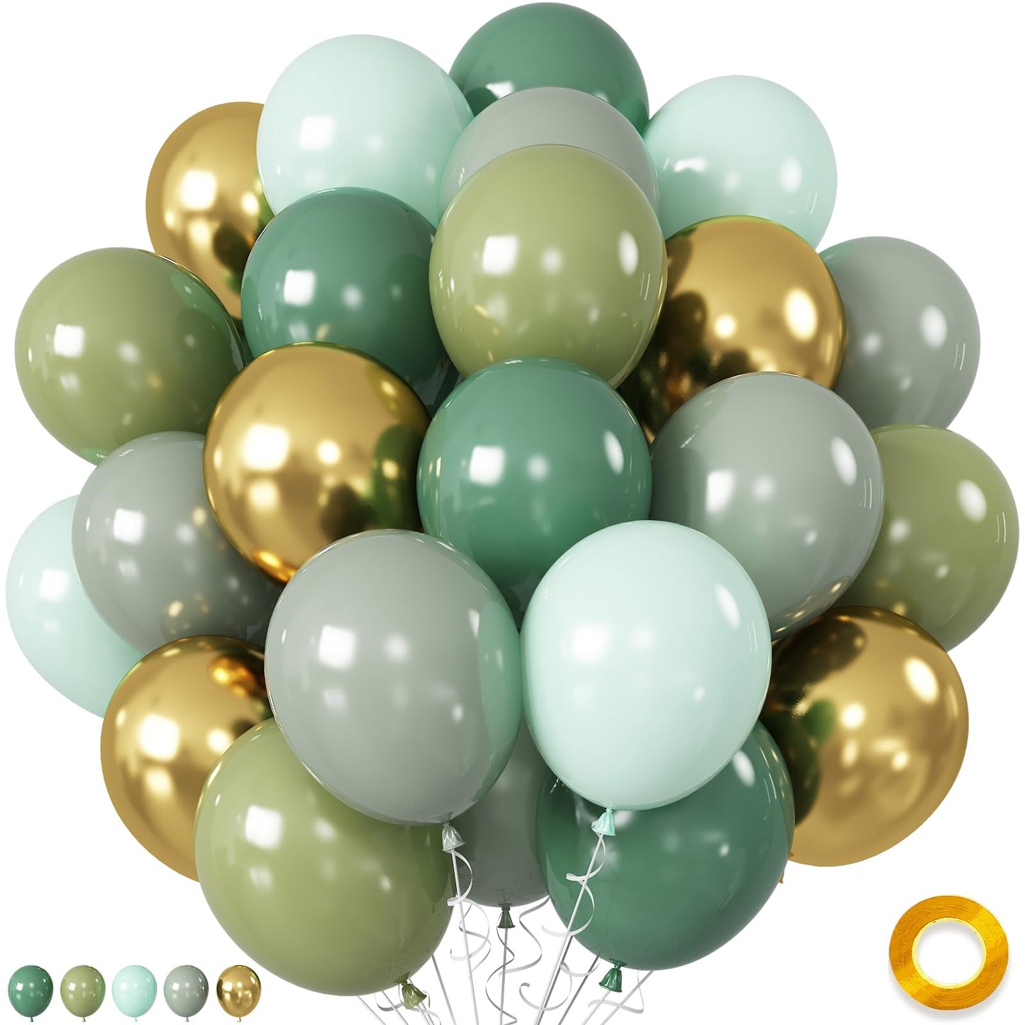 Sage Green and Gold Balloons, Pastel Sage Gold Party Balloons, Eucalyptus Olive Mint Green Biodegradable Balloon for Baby Shower Birthday Engagement Wedding Anniversary Tea Party Round Decorations