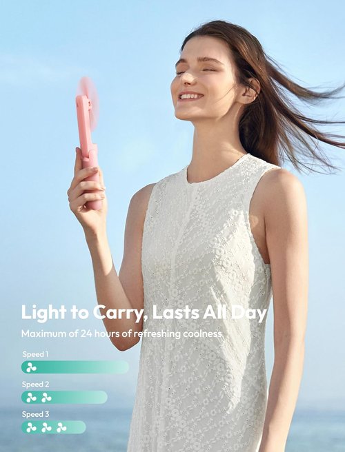 Aecooly Slim Portable Fan - USB Rechargeable Mini Handheld Fan with Mirror | 24-Hour Cooling - Pink