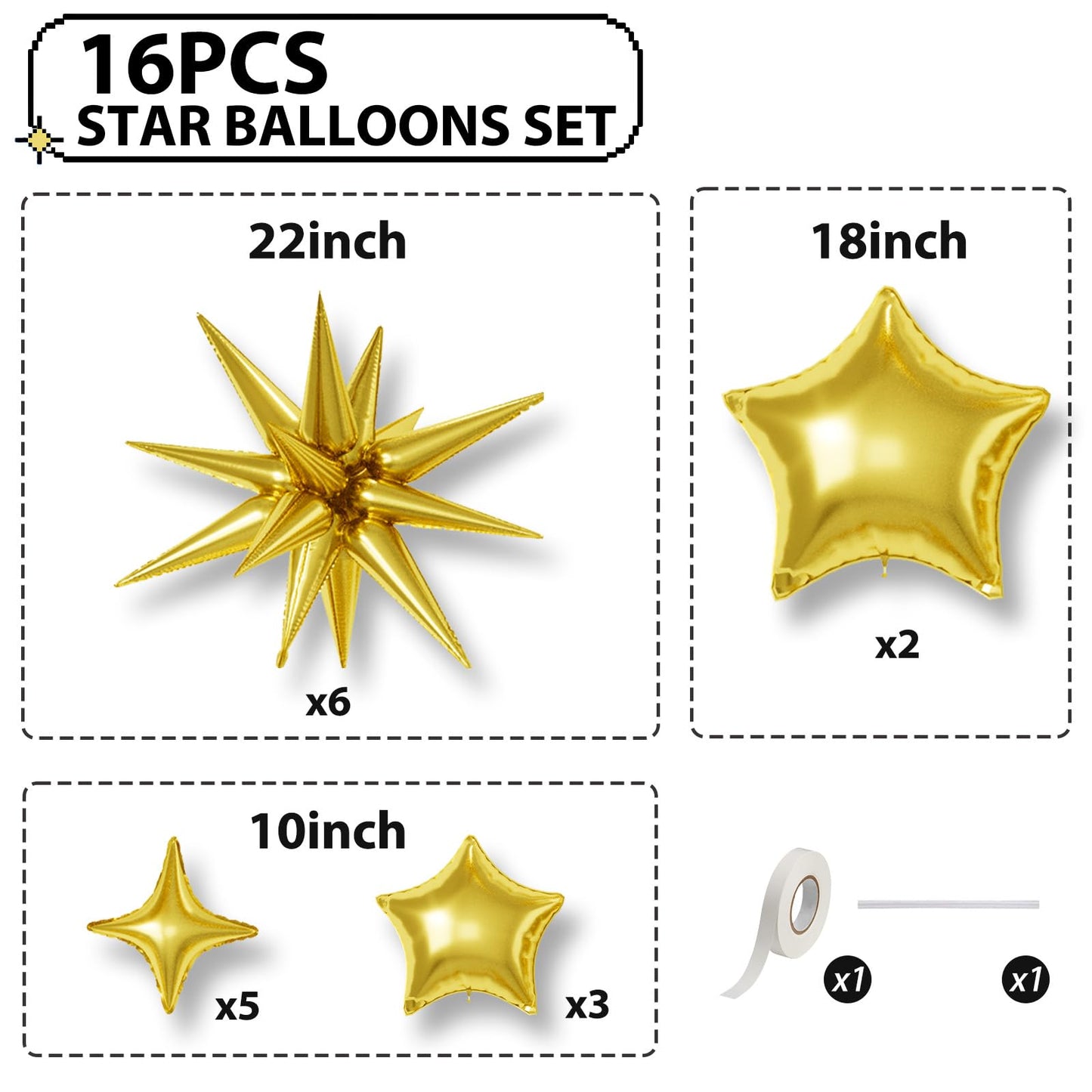 Gold Star Balloons, 22/18/10 Inch Foil Balloons, Four-Pointed Balloon for Women Men Birthday Graduation Celebration Wedding Baby Shower Decorations