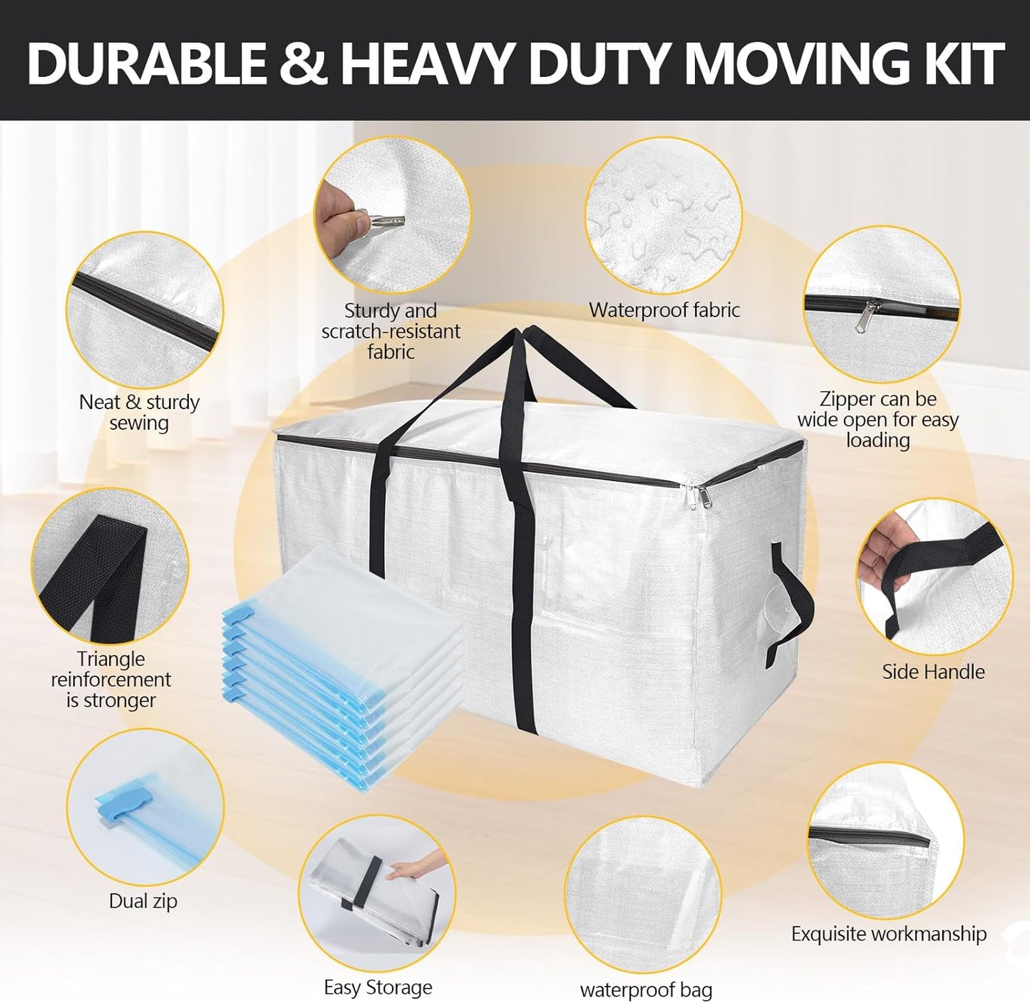 Skiennix Extra Large Storage Bags Set - Heavy Duty Waterproof Totes with Dual-Way Carrying Design | 6 Moving Bags & 10 Vacuum Seal Bags for Travel and Camping