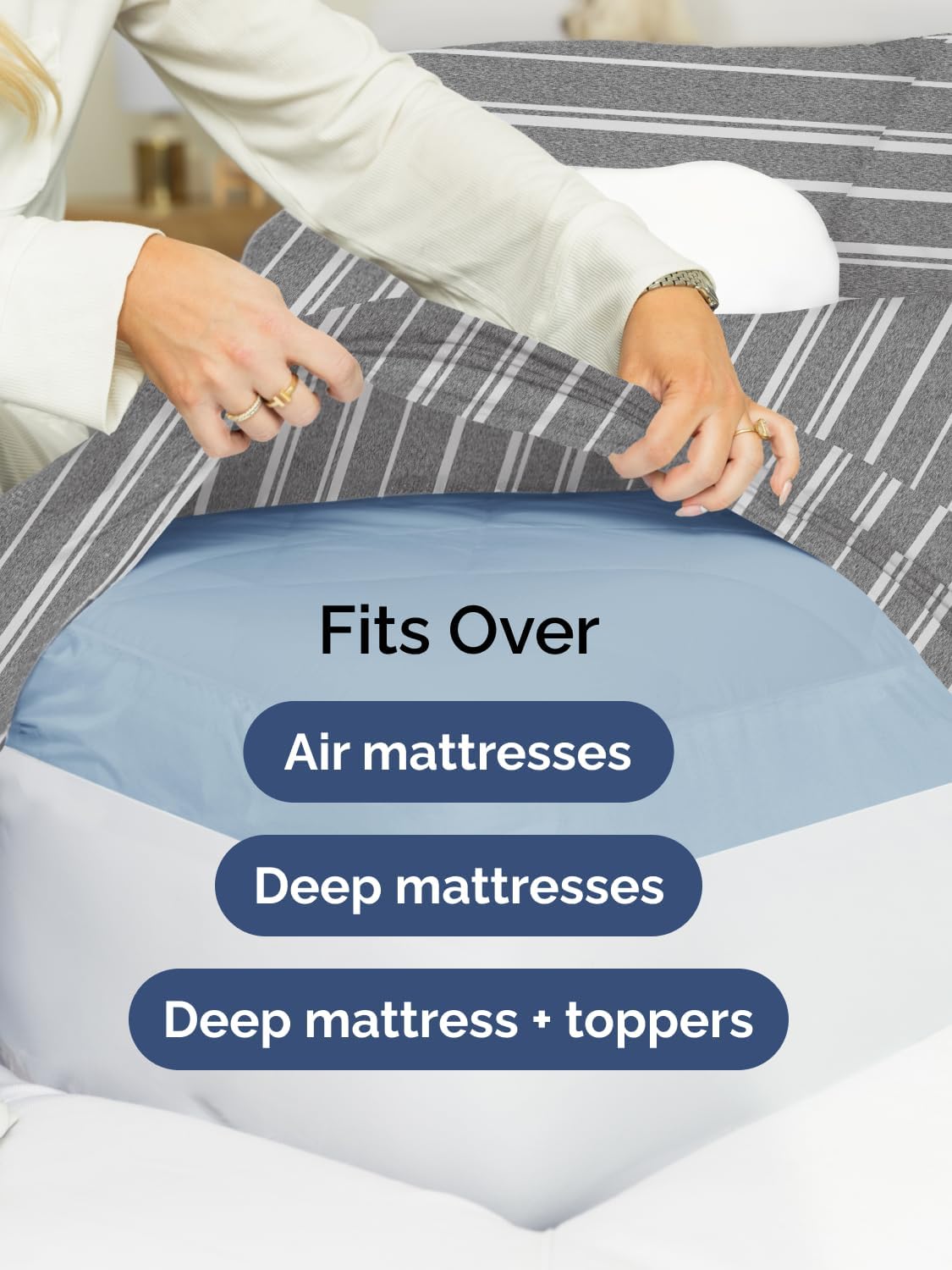 Skiennix Extra Deep King Sheet Set - 6 Piece Breathable Cooling Bedding - Soft Wrinkle-Free Grey Stripes