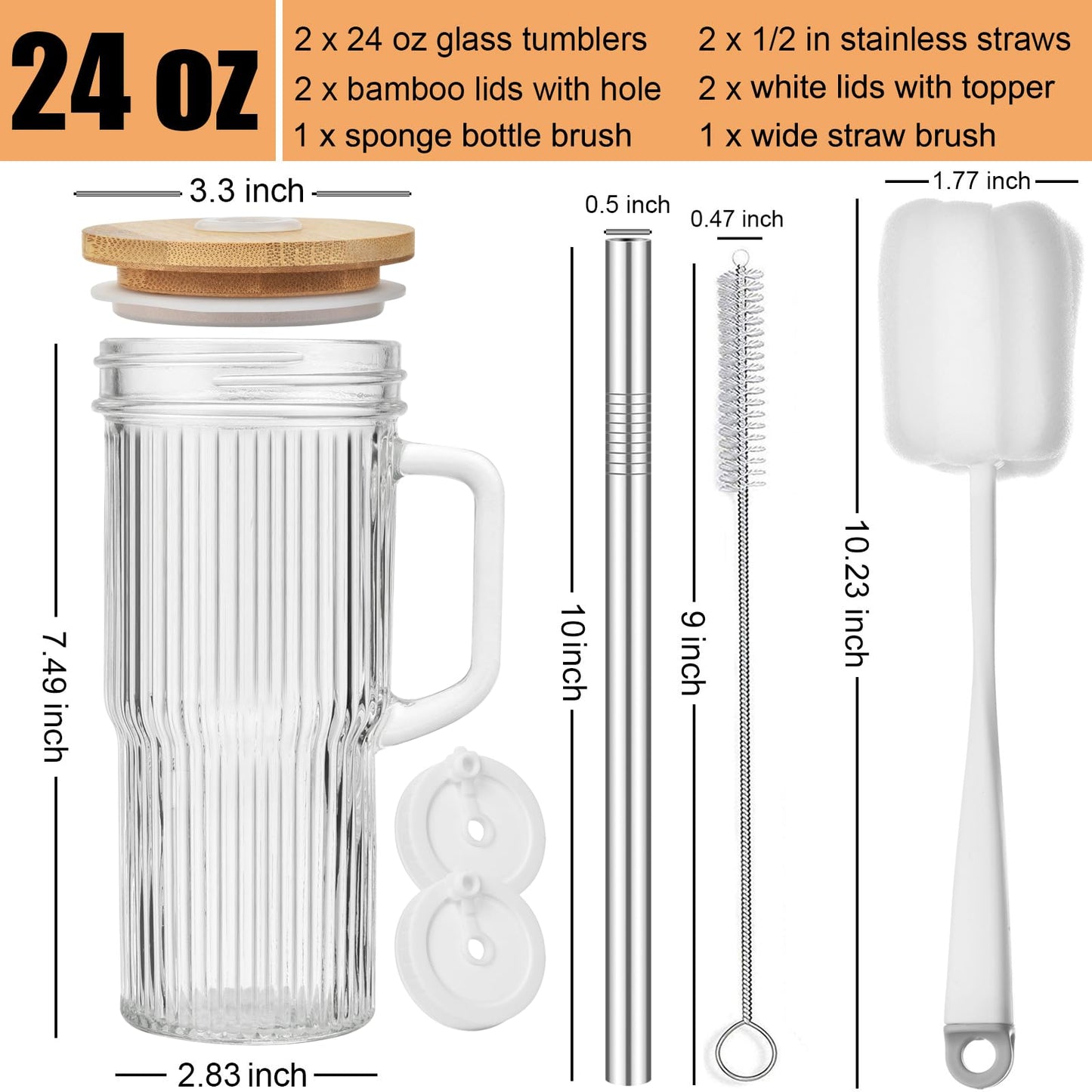 ALINK 24oz Ribbed Glass Cups with Bamboo Lids and Straws, 2-Pack Glass Tumbler with Handle, Reusable Iced Coffee Cups, Wide Mouth Mason Jar Boba Smoothie Cups, Drinking Glasses with 2 Brush
