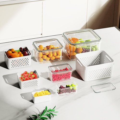 4 Pcs BPA-Free Fruit Storage Containers by [Brand Name] - Leak-Proof Design with Drain Basket | Keep Fruits & Vegetables Fresh
