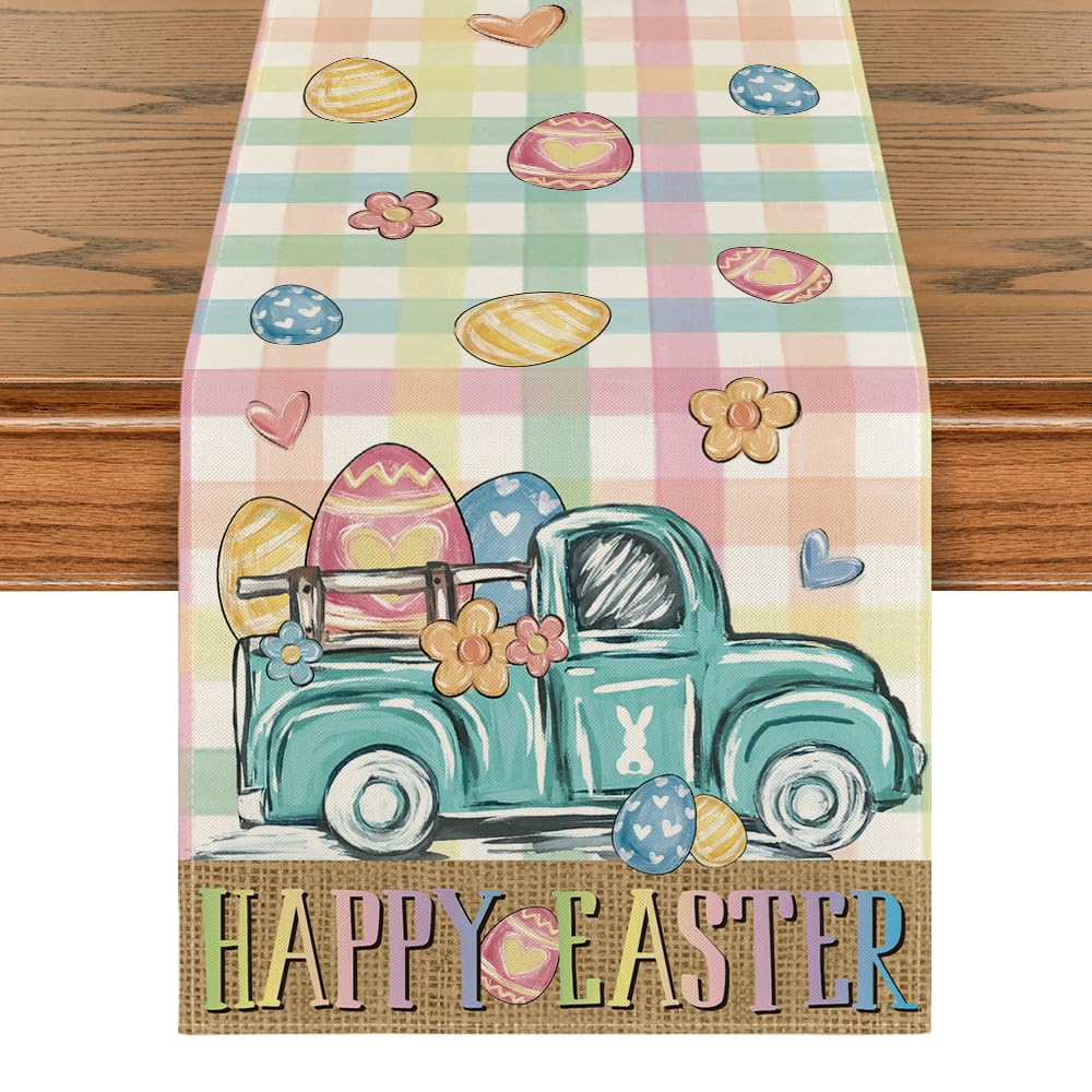 Artoid Mode Pink Yellow Buffalo Plaid Carrot Egg Truck Daisy Happy Easter Table Runner, Seasonal Kitchen Dining Table Decoration for Indoor Home Party 13x72 Inch