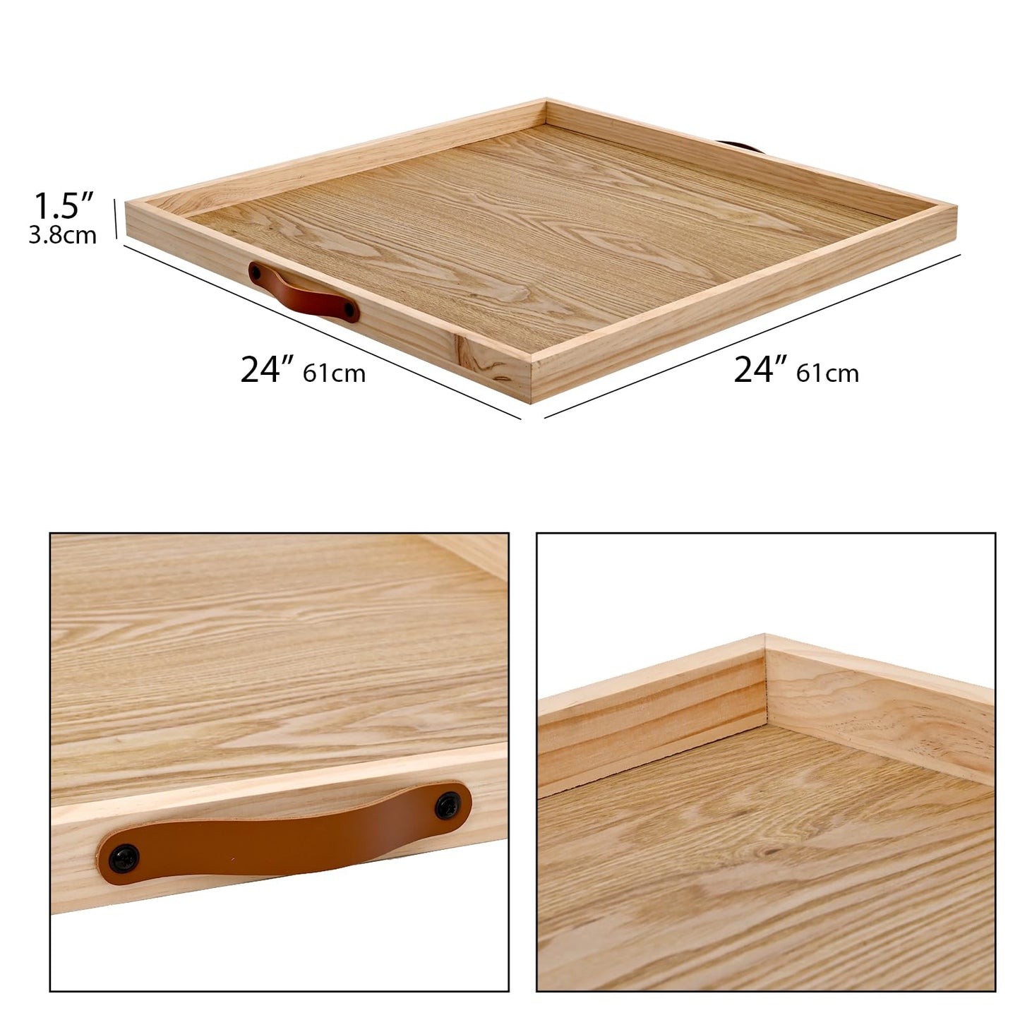 SwallowLiving 24 x 24 Inches Extra Large Square Wood Ottoman Tray with Leather Handles, Wooden Natural