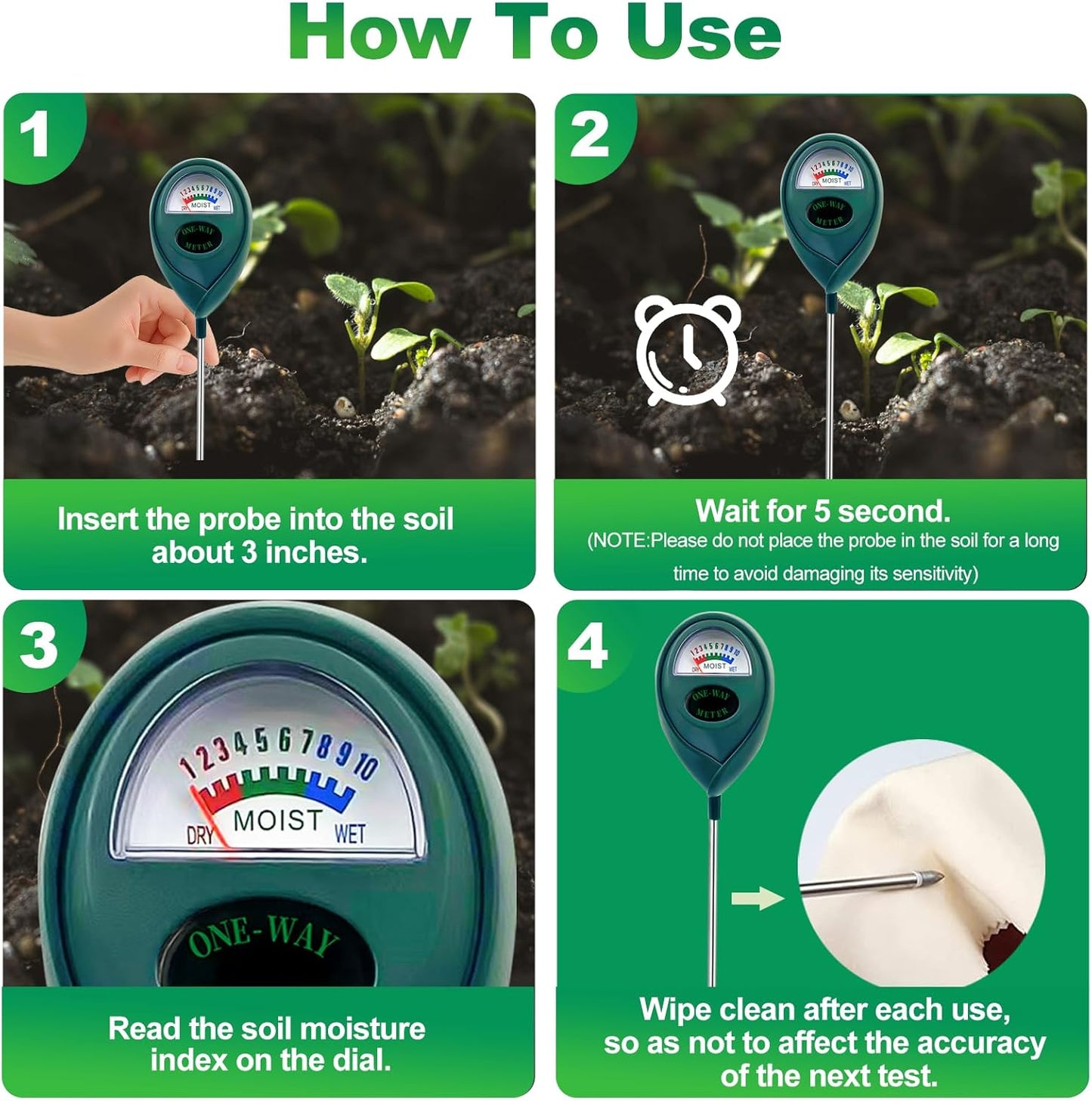 Soil Moisture Meter - Green Hygrometer Sensor for Indoor & Outdoor Plants | No Battery Required